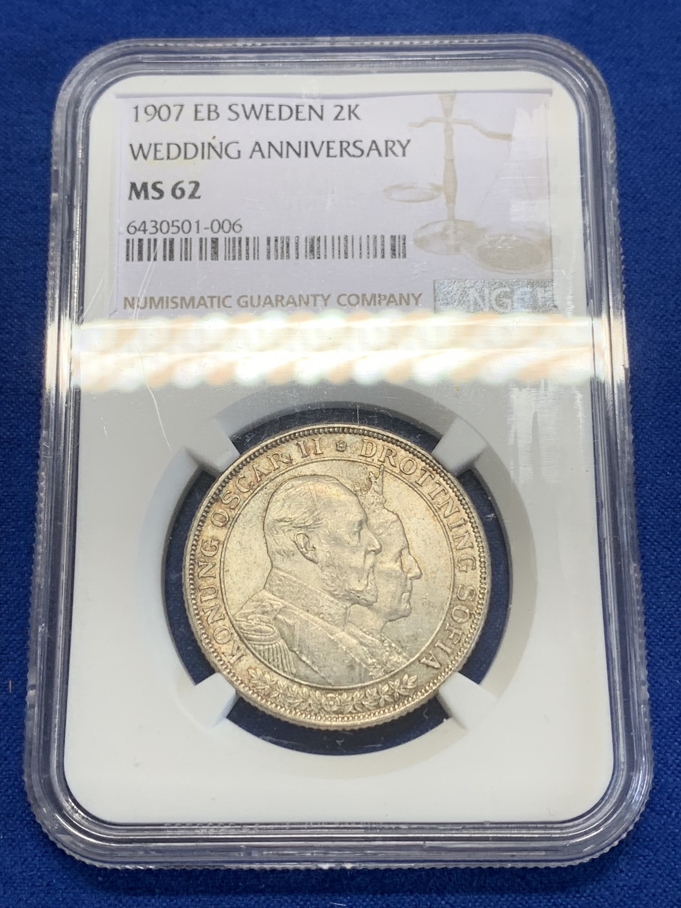 《竞宝斋》第245场-周日，周一 ，周二3场连拍 (全场包邮) NGC MS62 瑞典1907年金婚2克朗银币