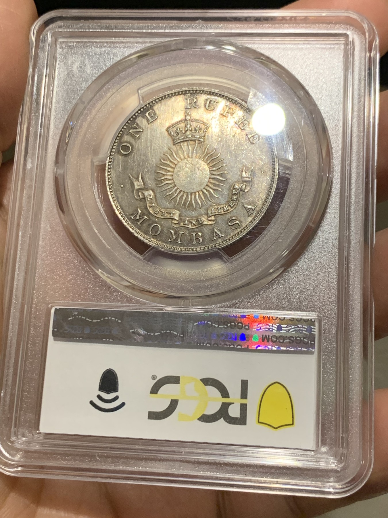《竞宝斋》第245场-周日，周一 ，周二3场连拍 (全场包邮) PCGS-SP63 蒙巴萨1888吉祥年份卢比银币 喜敦厂 样币风采 肯尼亚海岸环彩包浆