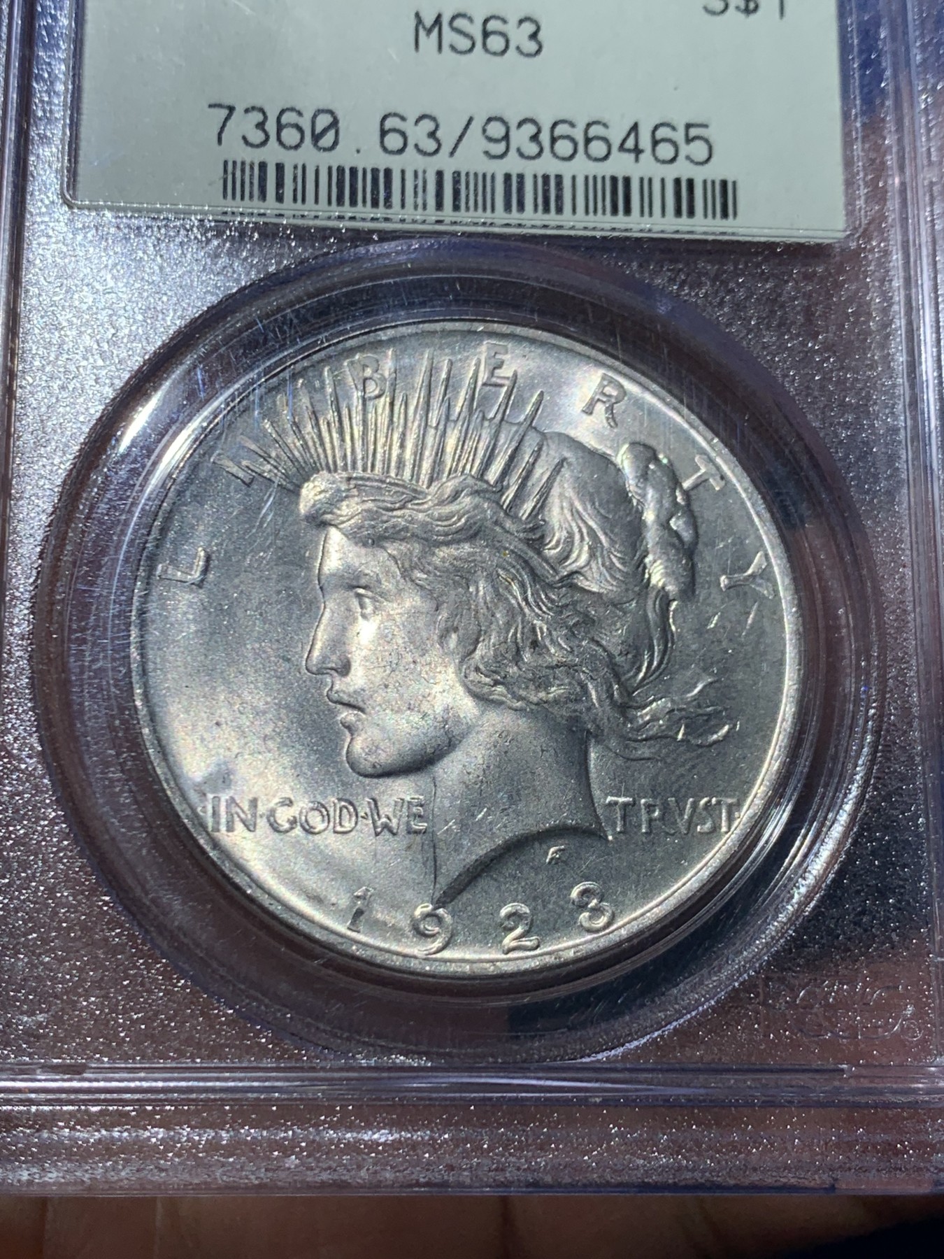 《竞宝斋》第245场-周日，周一 ，周二3场连拍 (全场包邮) PCGS-MS63 美国1923和平1元银币 90-93年老绿盒  严评 30多年的老盒本身也是收藏品