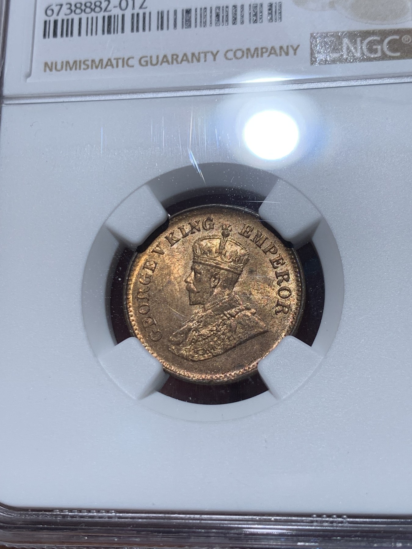 《竞宝斋》第245场-周日，周一 ，周二3场连拍 (全场包邮) NGC-MS63RB 英属印度 1914年（C）乔治五世1/2派沙铜币