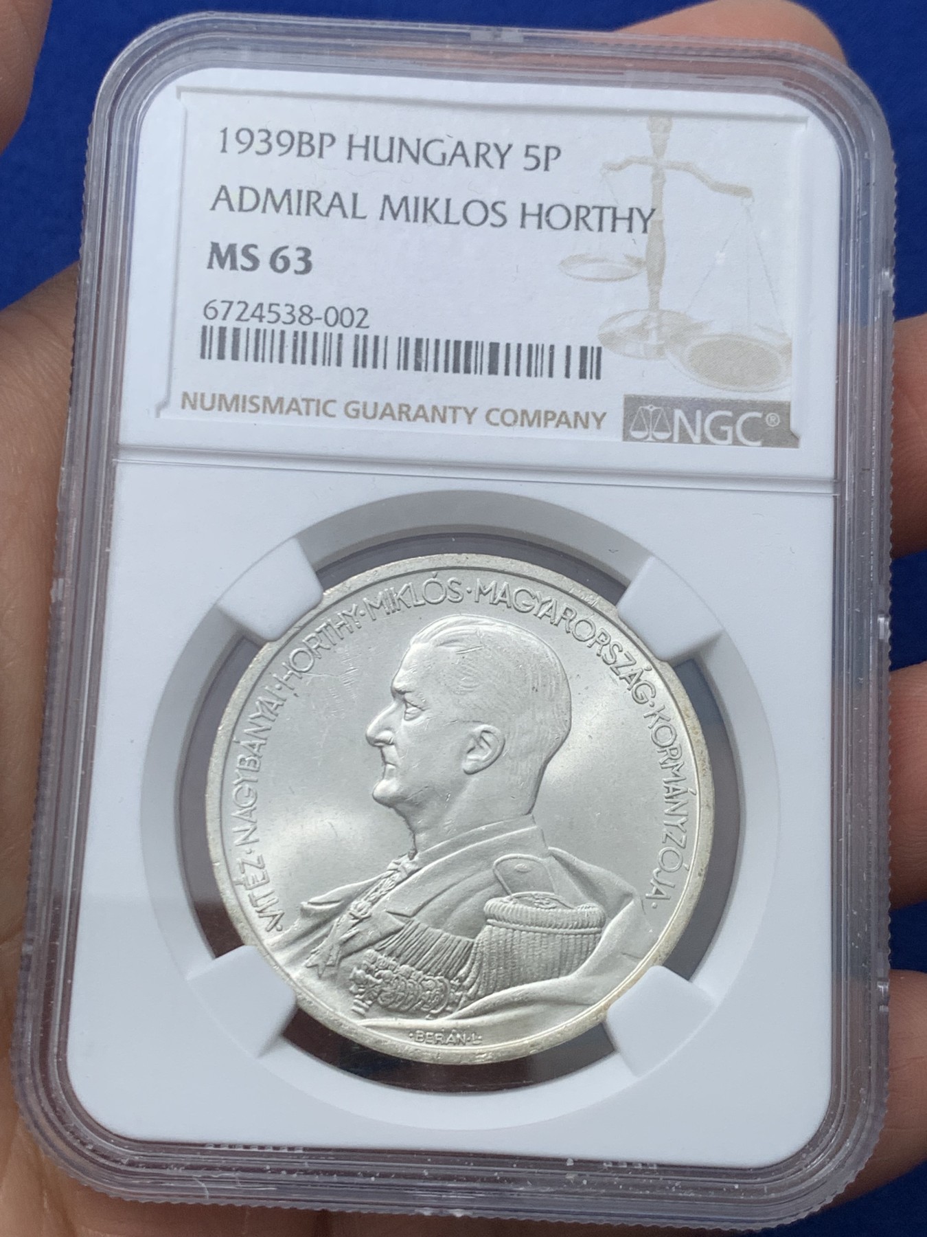 《竞宝斋》第245场-周日，周一 ，周二3场连拍 (全场包邮) NGC MS63 匈牙利1939年海军上将霍尔蒂5潘戈银币 光灿灿