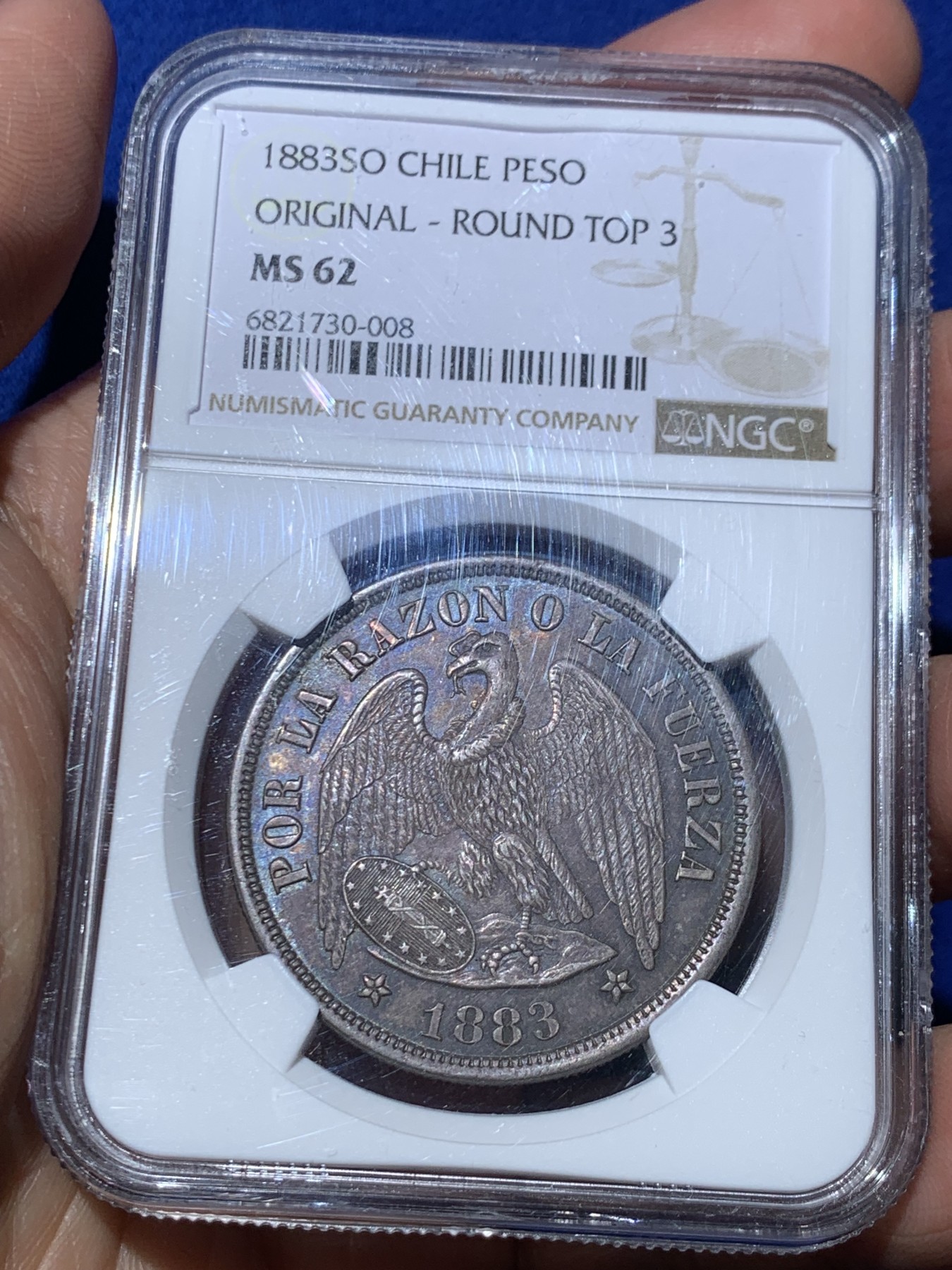 《竞宝斋》第245场-周日，周一 ，周二3场连拍 (全场包邮) NGC-MS62 智利 1883年 安第斯神 1比索 银币 中南美洲逐渐升温品种 酱紫色包浆 味道很好 低评