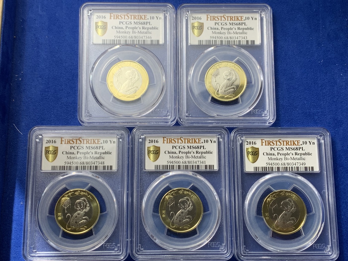 《竞宝斋》第245场-周日，周一 ，周二3场连拍 (全场包邮) 5枚一组 PCGS MS68PL 中国2016年二猴 First Strike标