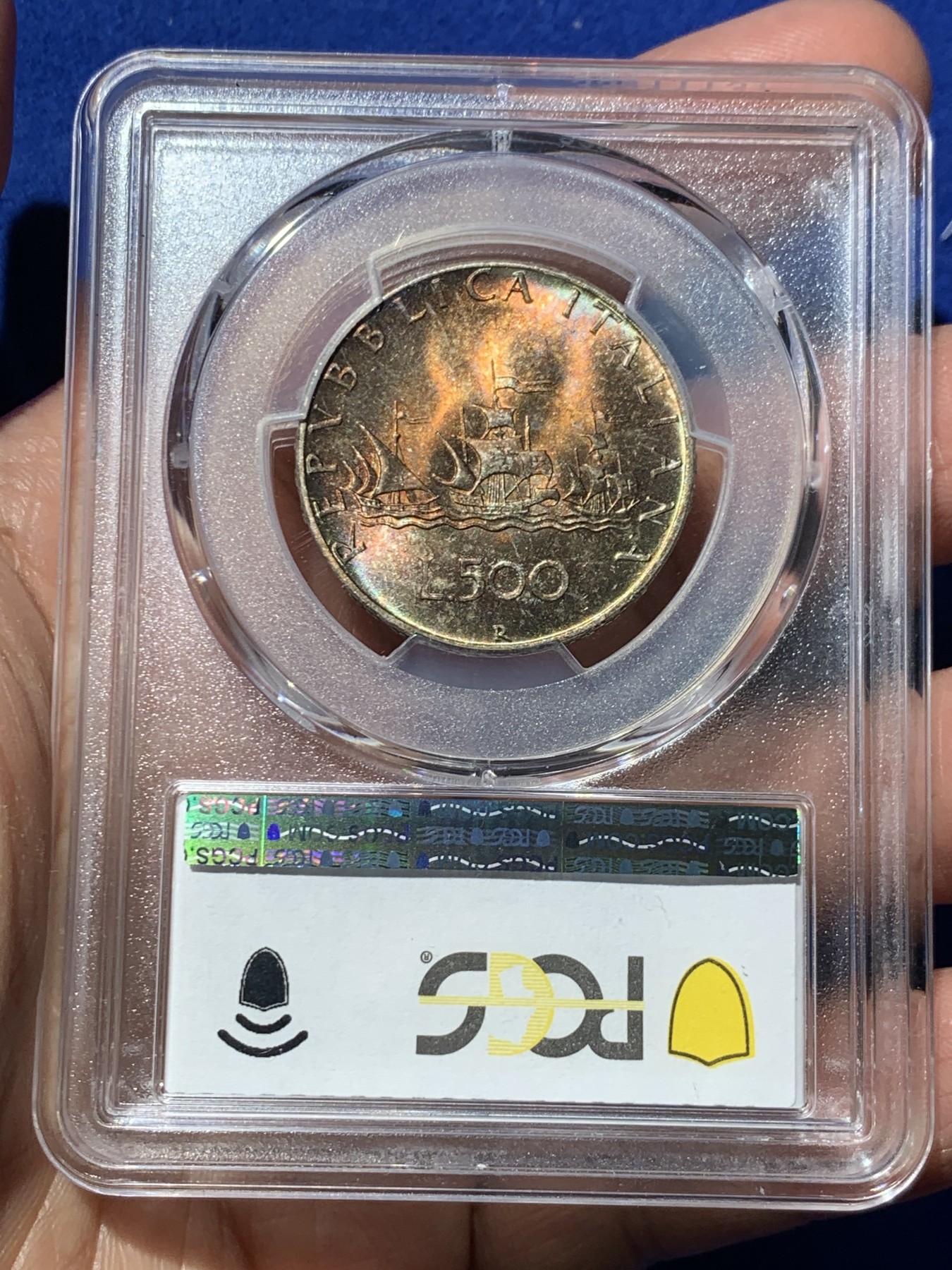 《竞宝斋》第245场-周日，周一 ，周二3场连拍 (全场包邮) PCGS MS65 意大利1966年帆船少女500里拉银币 浓厚色彩 可以换N博一搏星