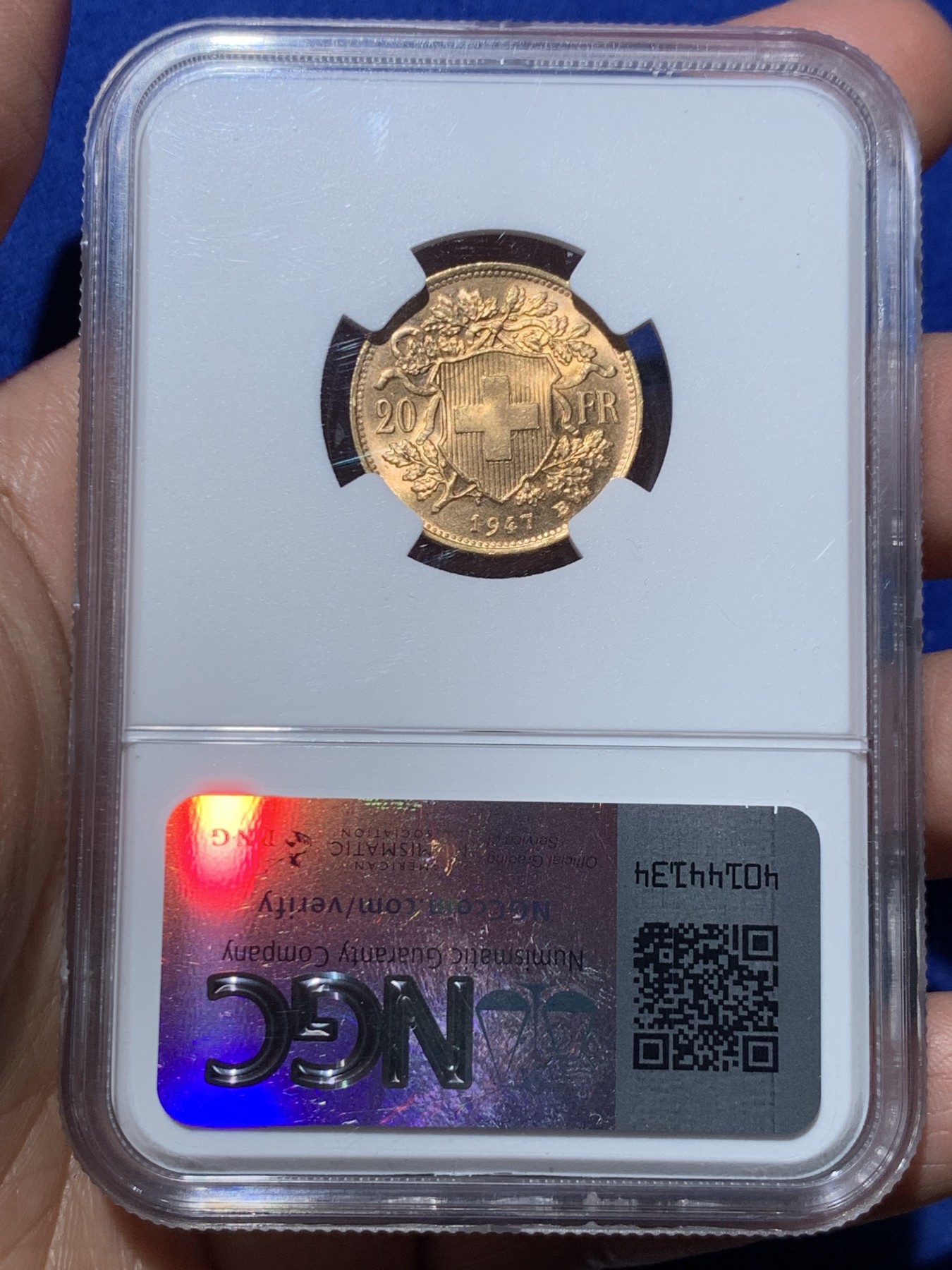 《竞宝斋》第245场-周日，周一 ，周二3场连拍 (全场包邮) NGC-MS65 瑞士1947年女神20法郎金币 6.45克 不大多见的头像 含金量90% 高分好品