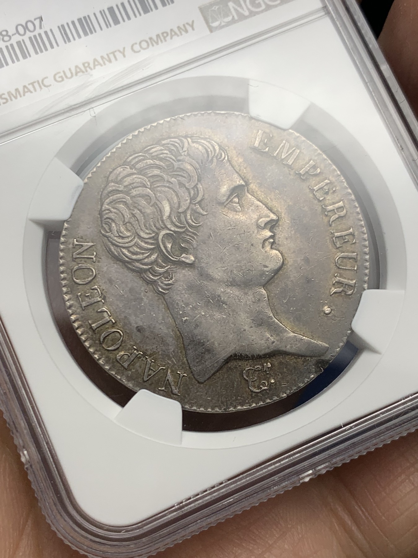 《竞宝斋》第245场-周日，周一 ，周二3场连拍 (全场包邮) NGC AU55 法国共和13年  拿破仑一世 皇帝版无冠版 5法郎大银币 双面深打五深彩包浆 这个状态+包浆 可以收藏了