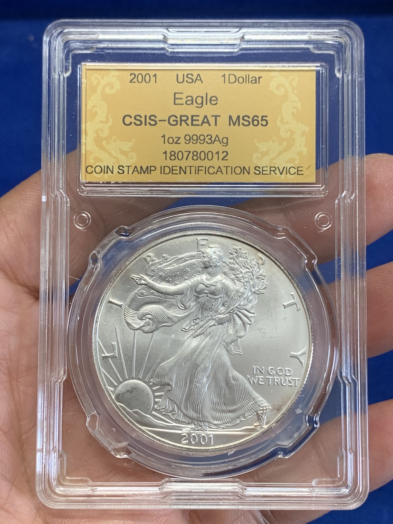 《竞宝斋》第245场-周日，周一 ，周二3场连拍 (全场包邮) CSIS MS65 美国2001年行走女神1盎司投资银币 999银 高分好品