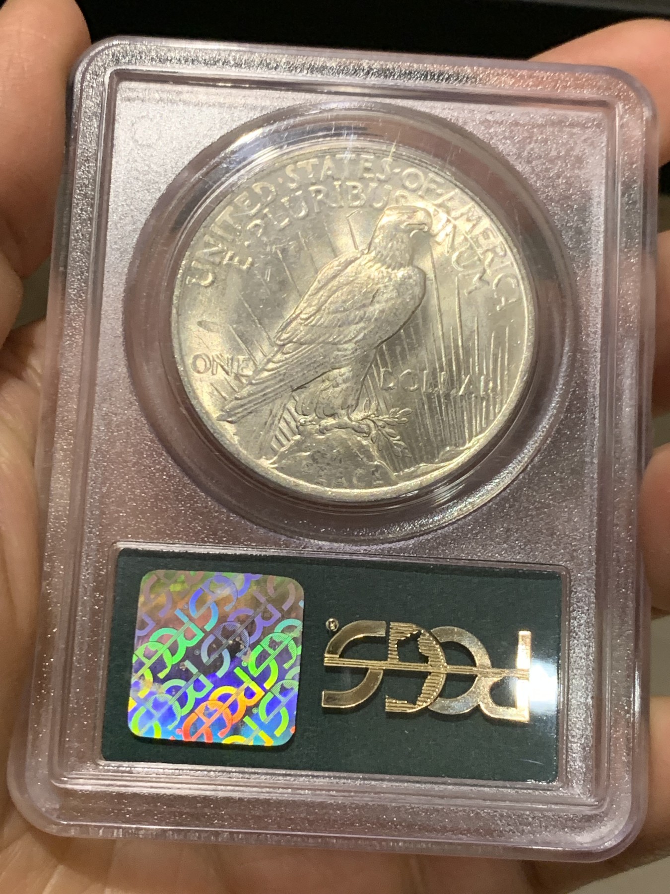 《竞宝斋》第245场-周日，周一 ，周二3场连拍 (全场包邮) PCGS-MS63 美国1923和平1元银币 90-93年老绿盒  严评 30多年的老盒本身也是收藏品