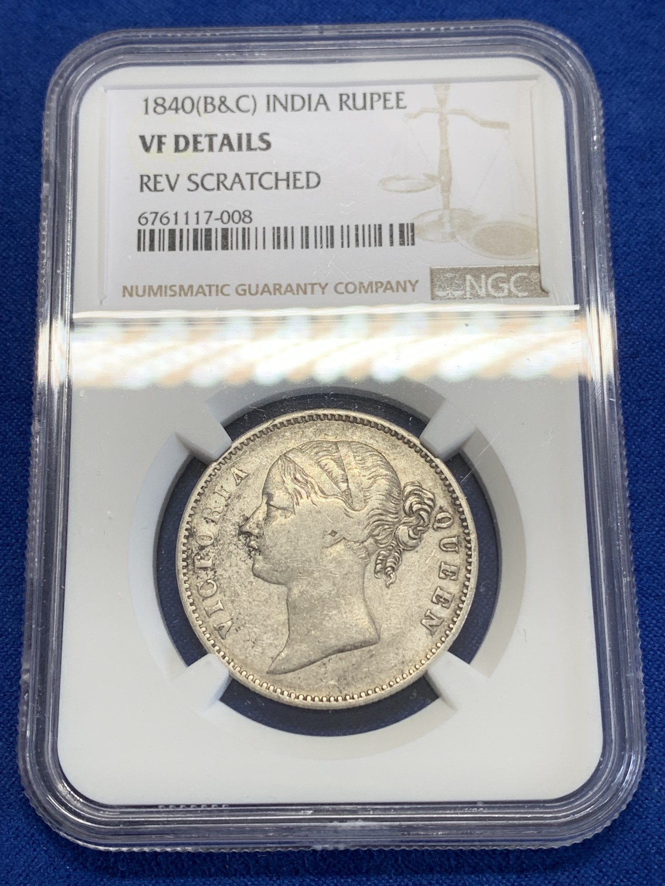 《竞宝斋》第245场-周日，周一 ，周二3场连拍 (全场包邮) NGC VFD 英属印度1840年维多利亚女王双辫版1卢比银币