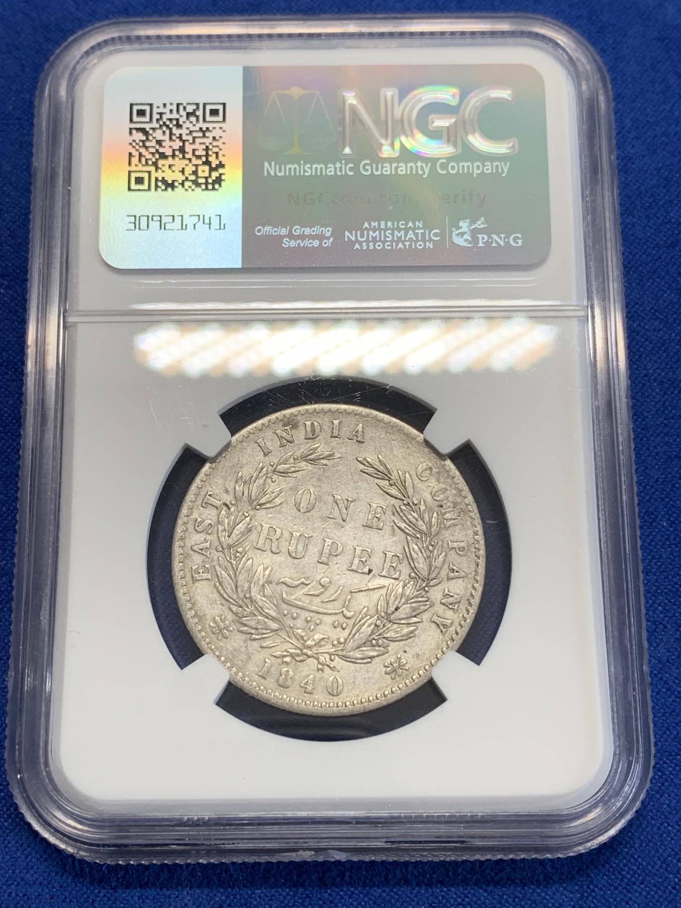 《竞宝斋》第245场-周日，周一 ，周二3场连拍 (全场包邮) NGC VFD 英属印度1840年维多利亚女王双辫版1卢比银币