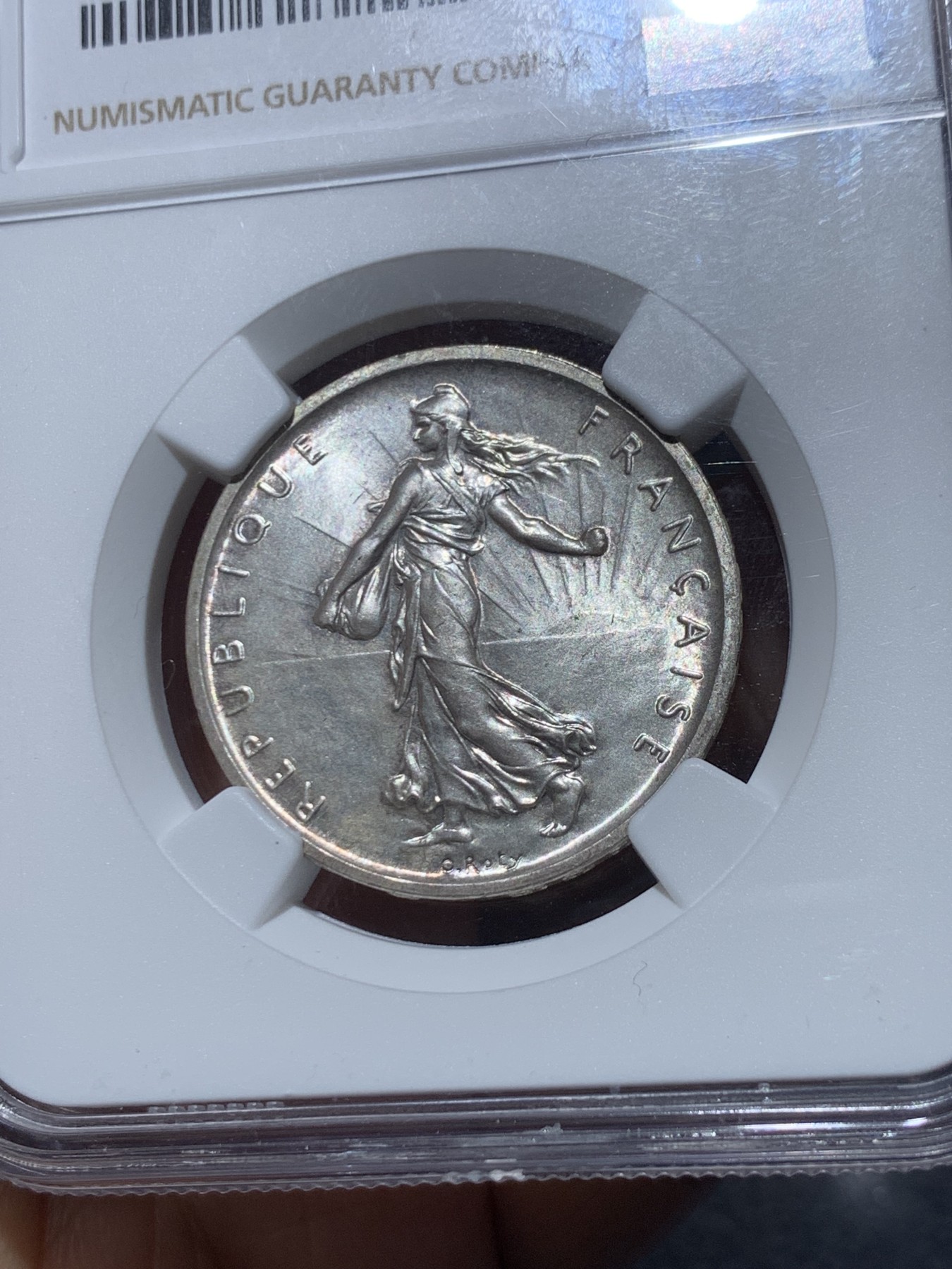 《竞宝斋》第245场-周日，周一 ，周二3场连拍 (全场包邮) NGC MS65 1960年法国播种女神5法郎银币 高浮雕 罗蒂的经典设计在近代法国币上重现的首年