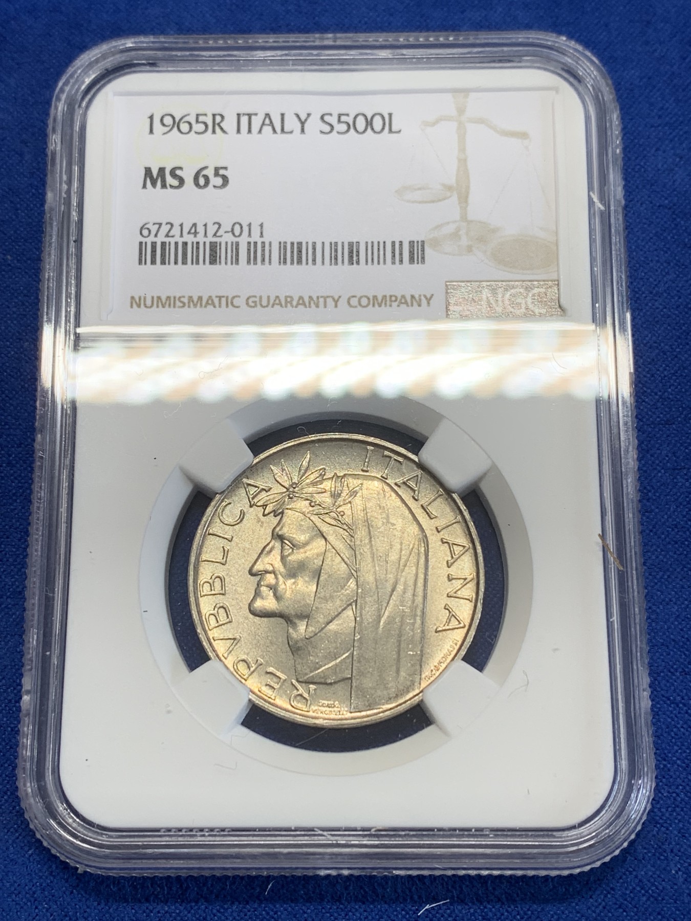 《竞宝斋》第245场-周日，周一 ，周二3场连拍 (全场包邮) NGC MS65 意大利1965年但丁500里拉银币 少见品