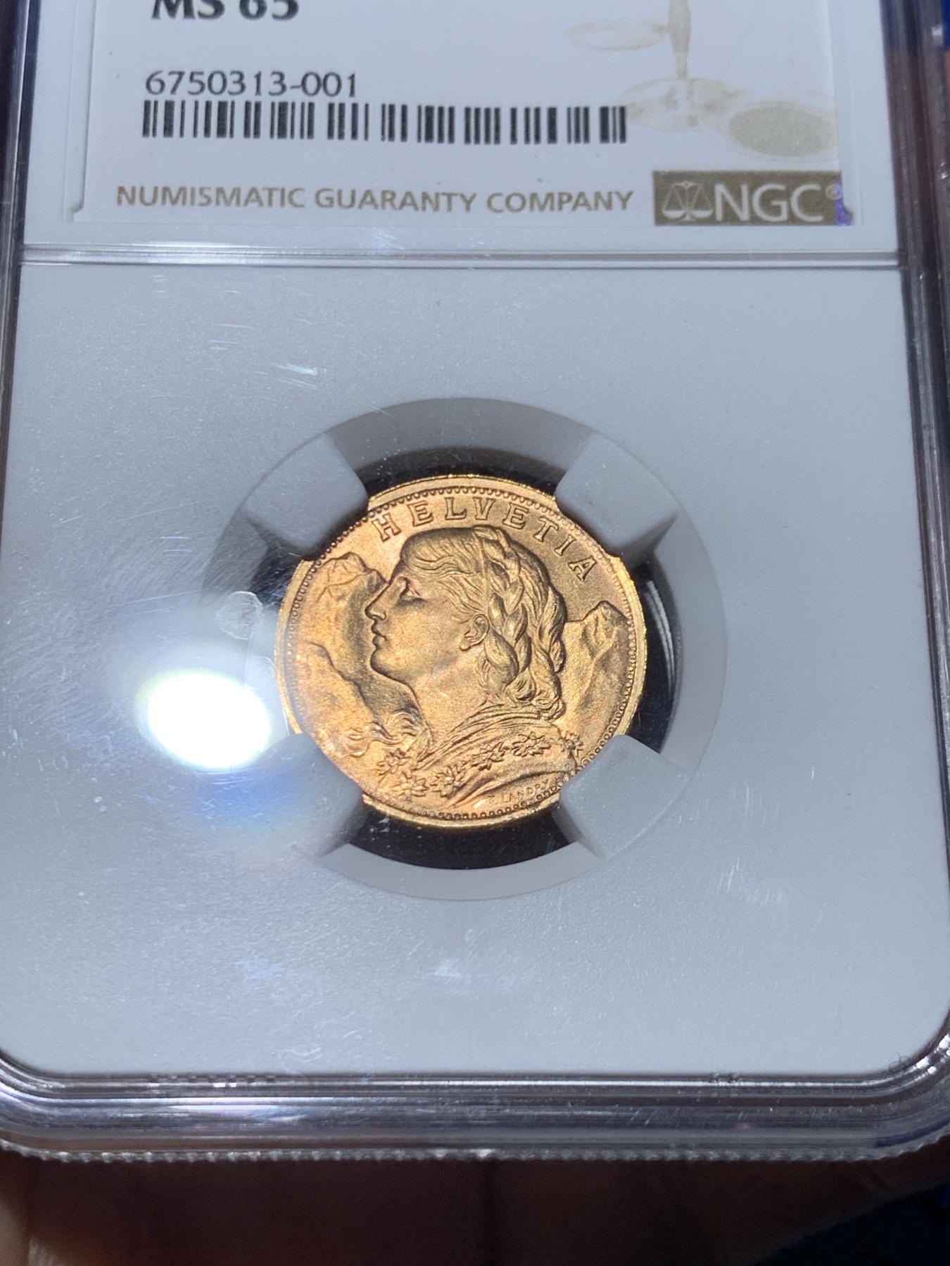 《竞宝斋》第245场-周日，周一 ，周二3场连拍 (全场包邮) NGC-MS65 瑞士1947年女神20法郎金币 6.45克 不大多见的头像 含金量90% 高分好品
