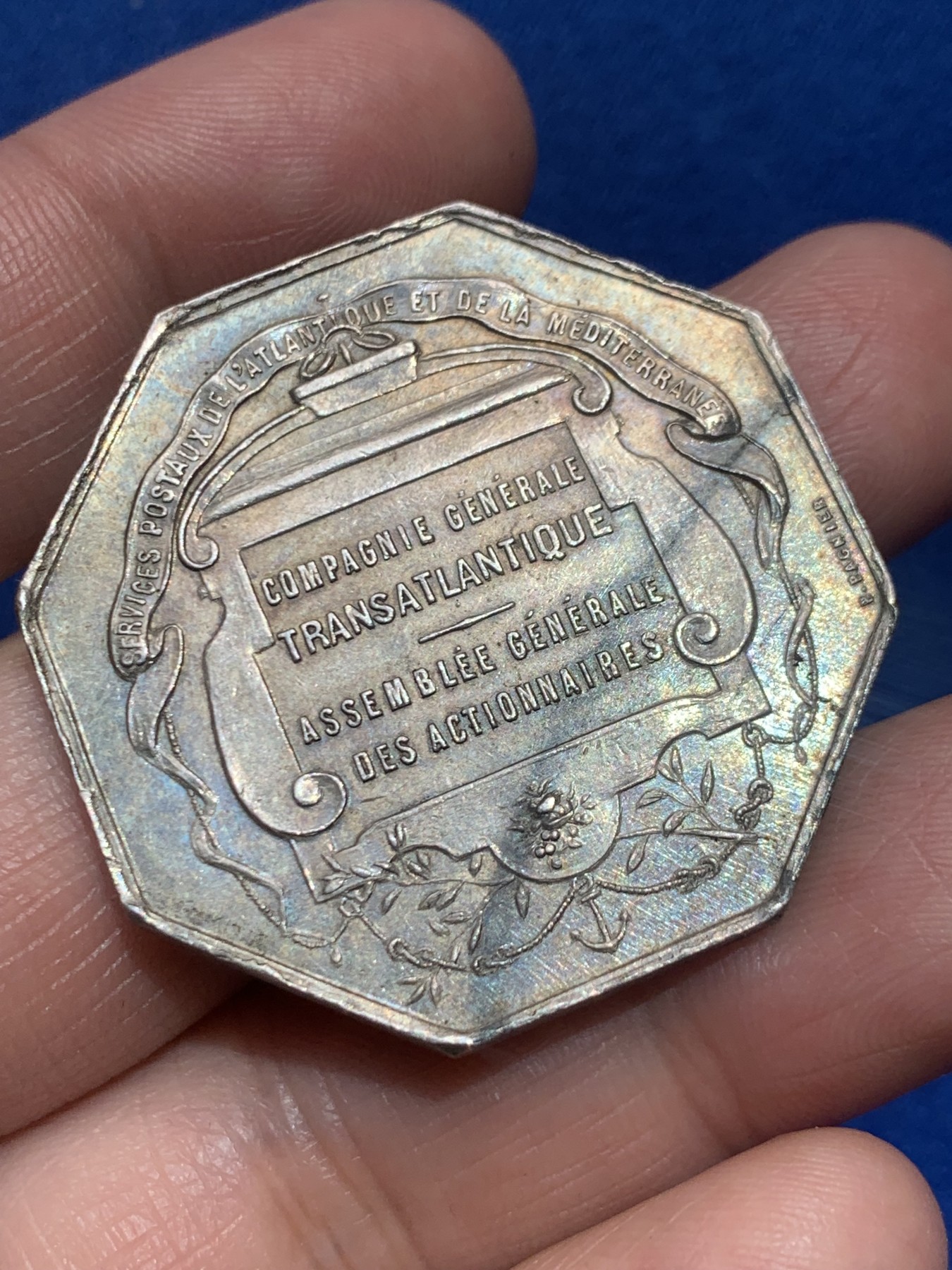 《竞宝斋》第245场-周日，周一 ，周二3场连拍 (全场包邮) 法国八角银章，大西洋邮政，连接着大西洋彼岸的纽约26.60g，38.5mm，丰饶角边铭