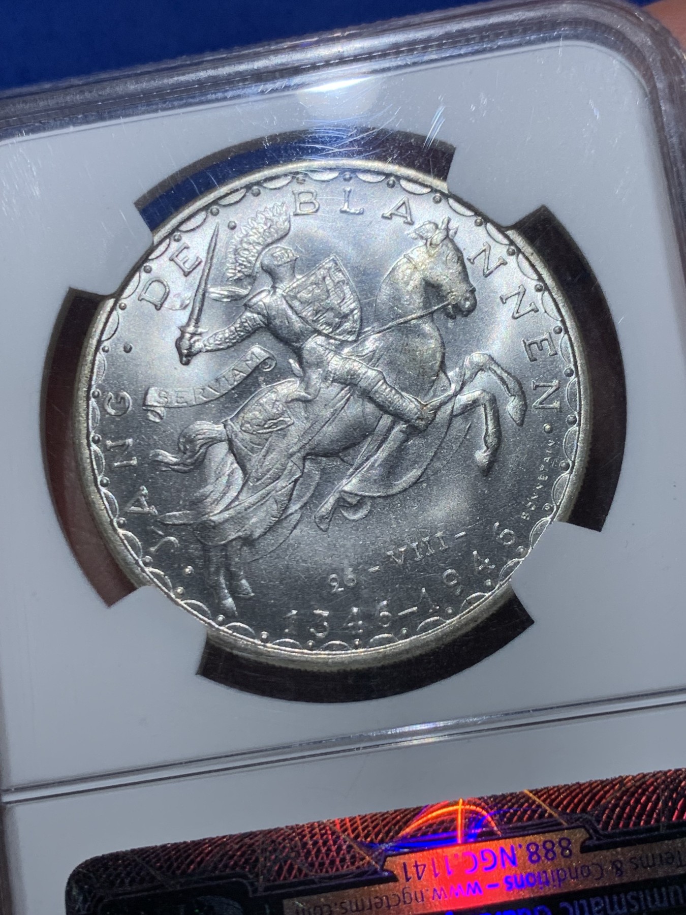 《竞宝斋》第245场-周日，周一 ，周二3场连拍 (全场包邮) NGC MS65 1946年卢森堡盲人约翰国王100法郎马剑银币 顶级原光 老盒严评