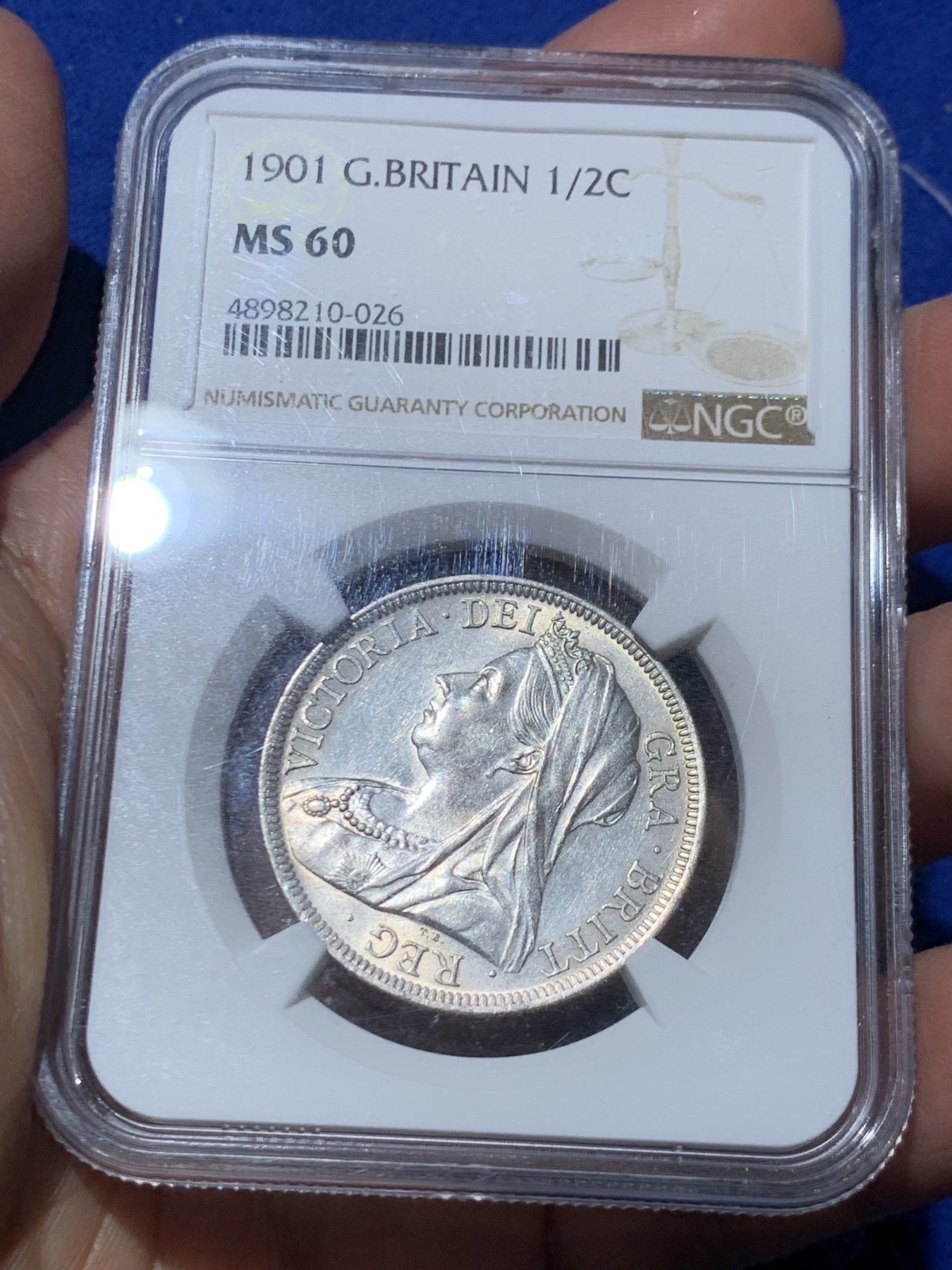 《竞宝斋》第245场-周日，周一 ，周二3场连拍 (全场包邮) NGC-MS60 英国 1901年 半克朗 维多利亚披纱 银币（关门年份，币面干净银光熠熠）