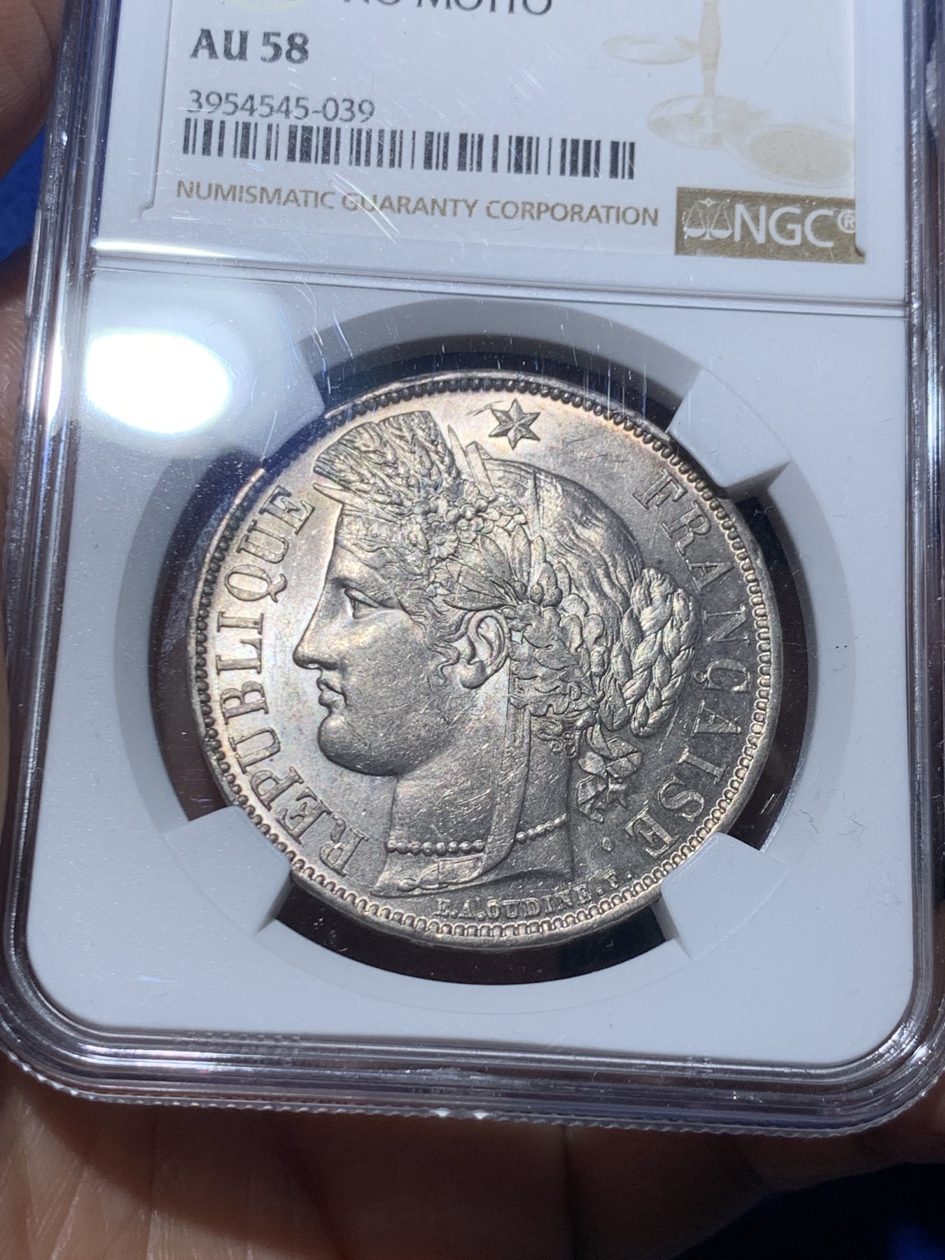 《竞宝斋》第245场-周日，周一 ，周二3场连拍 (全场包邮) NGC AU58 1870年法国谷物女神无箴言版5法郎 铸造量仅64000枚，是法系5法郎里比较难的一个品种了，MS价格起飞，58性价比较高