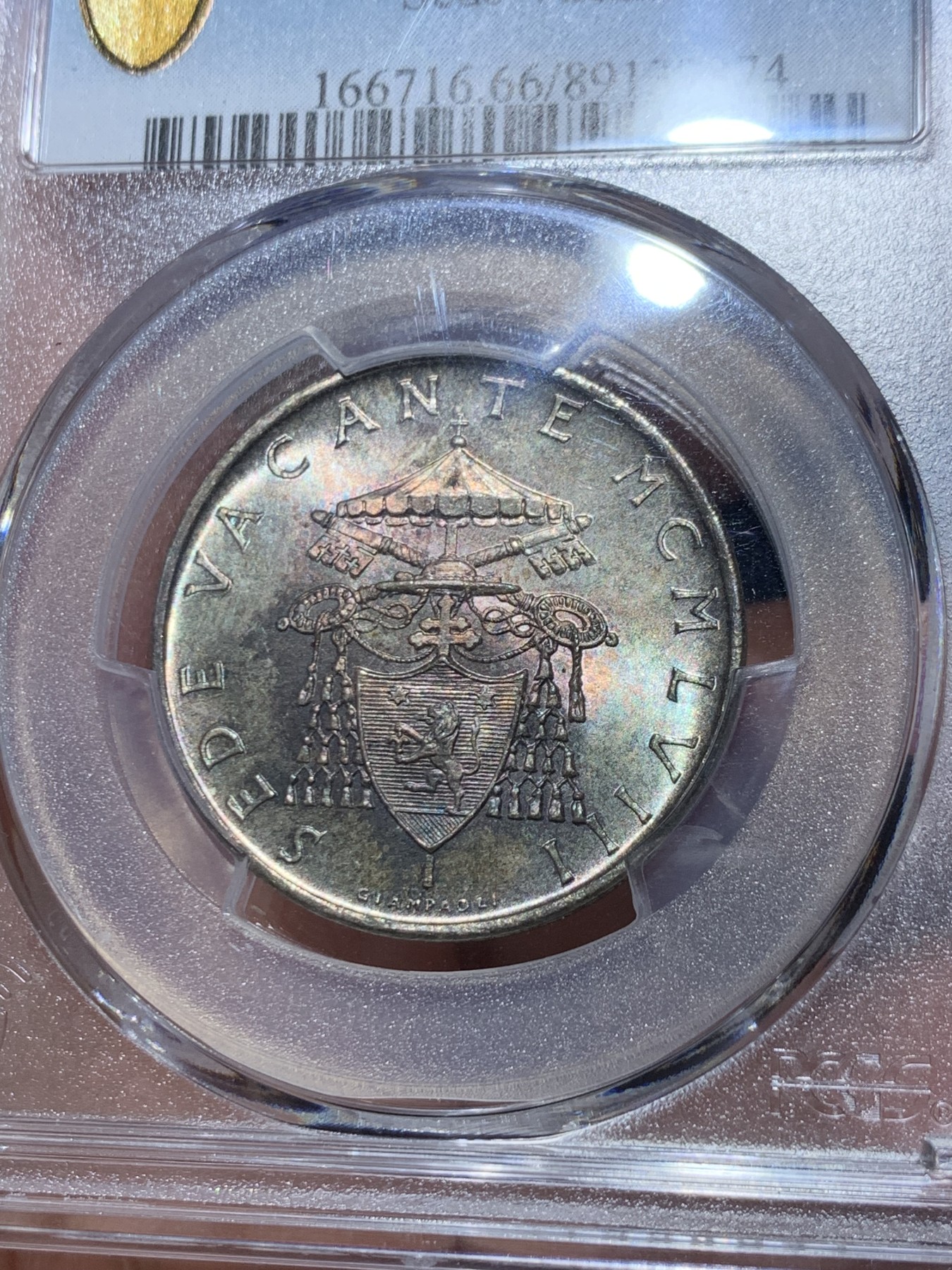 《竞宝斋》第245场-周日，周一 ，周二3场连拍 (全场包邮) PCGS MS66 梵蒂冈 1958年缺位500里拉银币 顶级转光炫彩