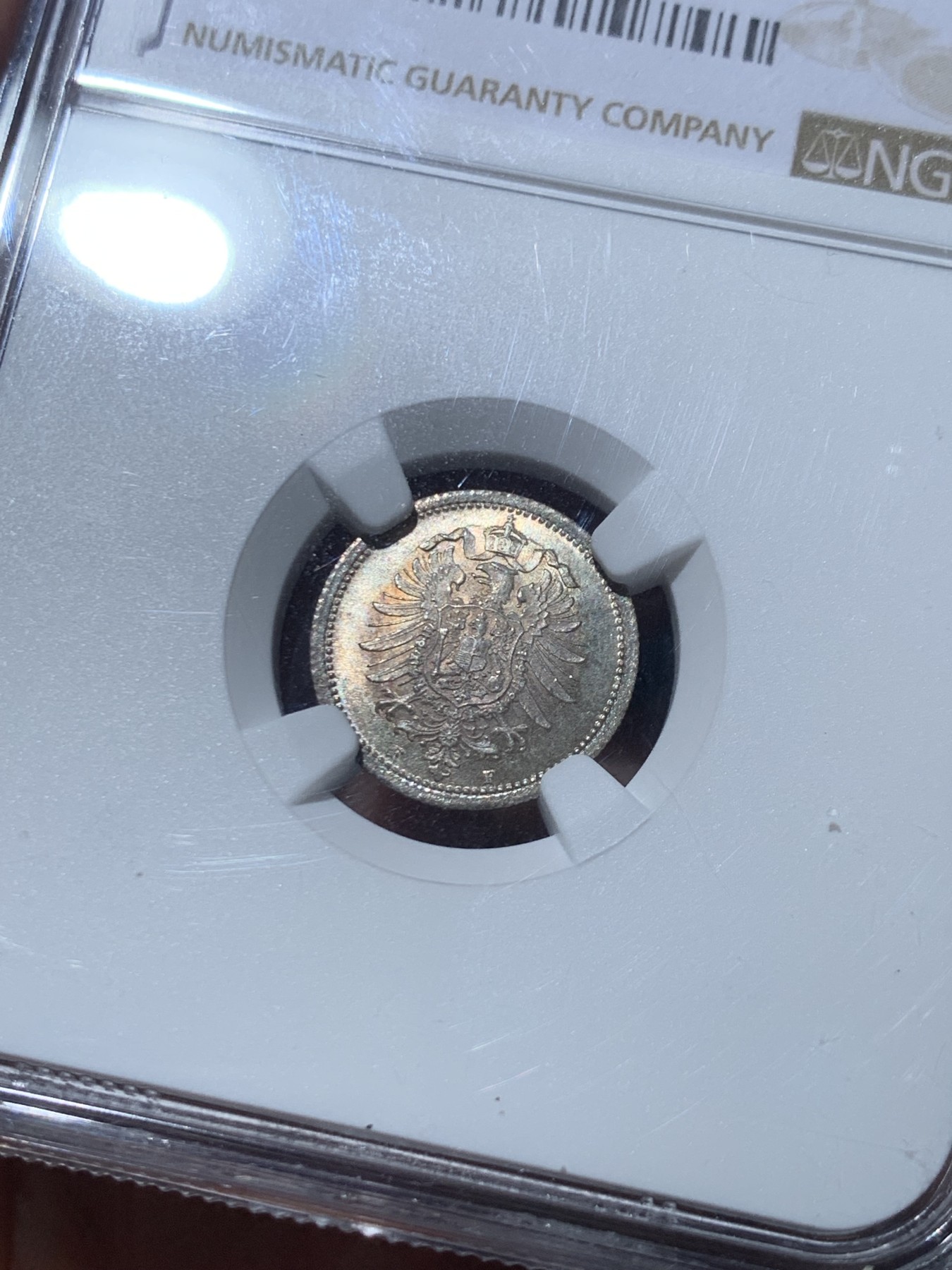 《竞宝斋》第245场-周日，周一 ，周二3场连拍 (全场包邮) NGC MS64 德国1875F 短翅鹰 20芬尼银币 黄油彩 少见品种