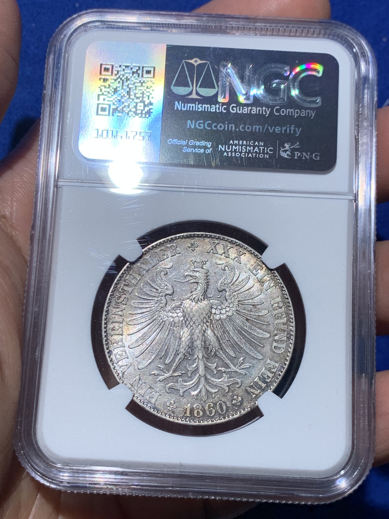 《竞宝斋》第245场-周日，周一 ，周二3场连拍 (全场包邮) NGC AU55 德国1860法兰克福少女泰勒银币 底板光度好