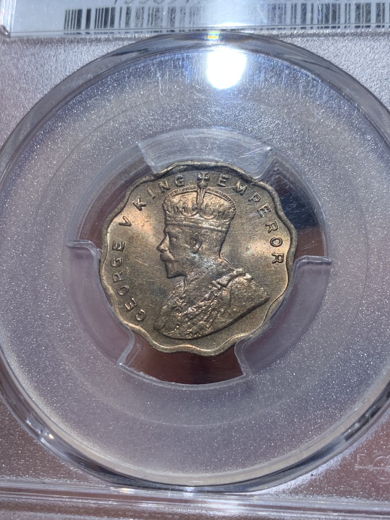 《竞宝斋》第245场-周日，周一 ，周二3场连拍 (全场包邮) PCGS-MS65 英属印度 1936年（B） 1安娜 乔治五世 全新原光币面淡彩