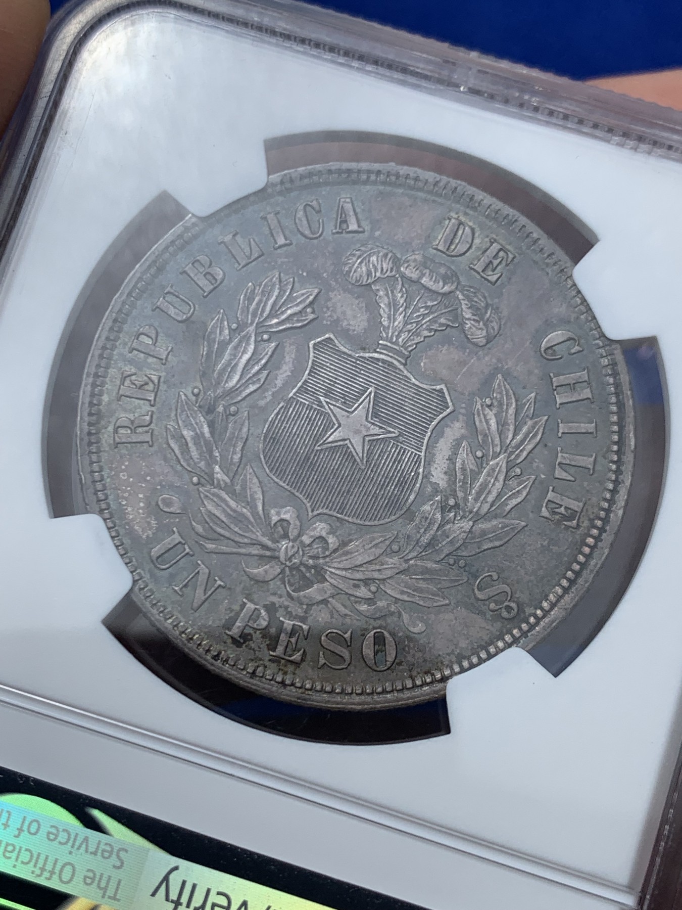 《竞宝斋》第245场-周日，周一 ，周二3场连拍 (全场包邮) NGC-MS62 智利 1883年 安第斯神 1比索 银币 中南美洲逐渐升温品种 酱紫色包浆 味道很好 低评