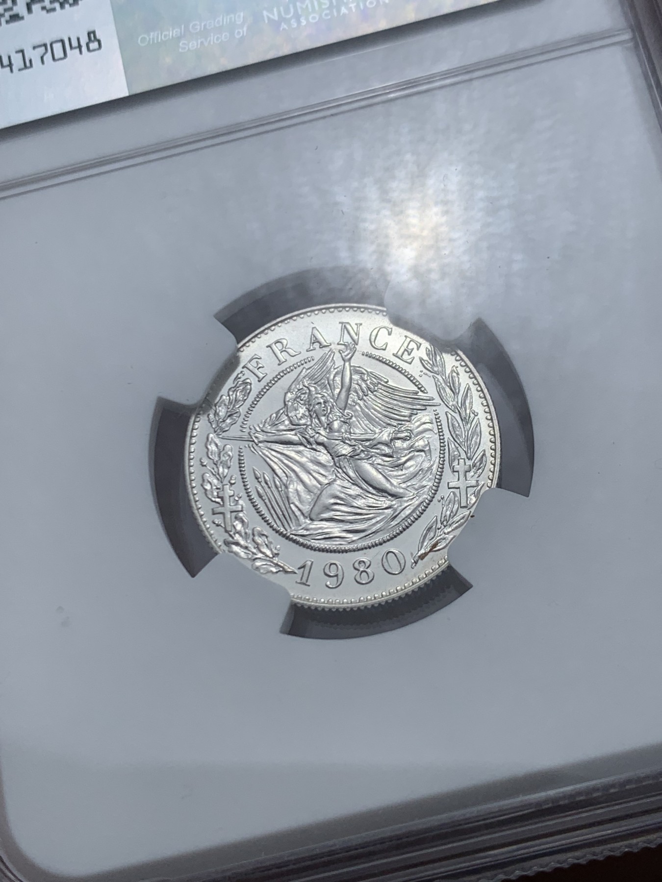 《竞宝斋》第245场-周日，周一 ，周二3场连拍 (全场包邮) NGC MS67 法国1980年戴高乐总统纪念银章