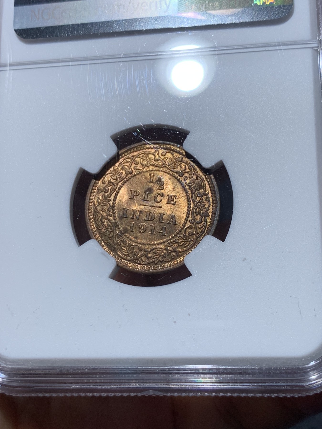 《竞宝斋》第245场-周日，周一 ，周二3场连拍 (全场包邮) NGC-MS63RB 英属印度 1914年（C）乔治五世1/2派沙铜币