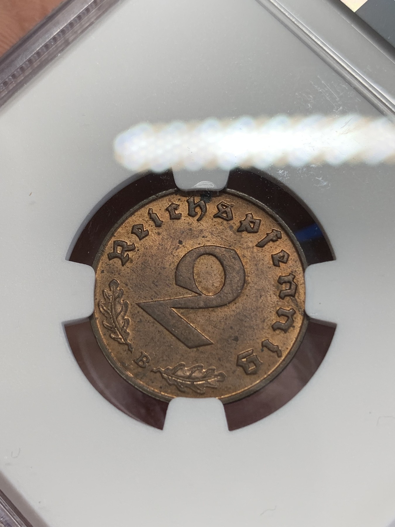 《竞宝斋》第245场-周日，周一 ，周二3场连拍 (全场包邮) NGC MS63RB 1939B德国2芬尼 状态不错