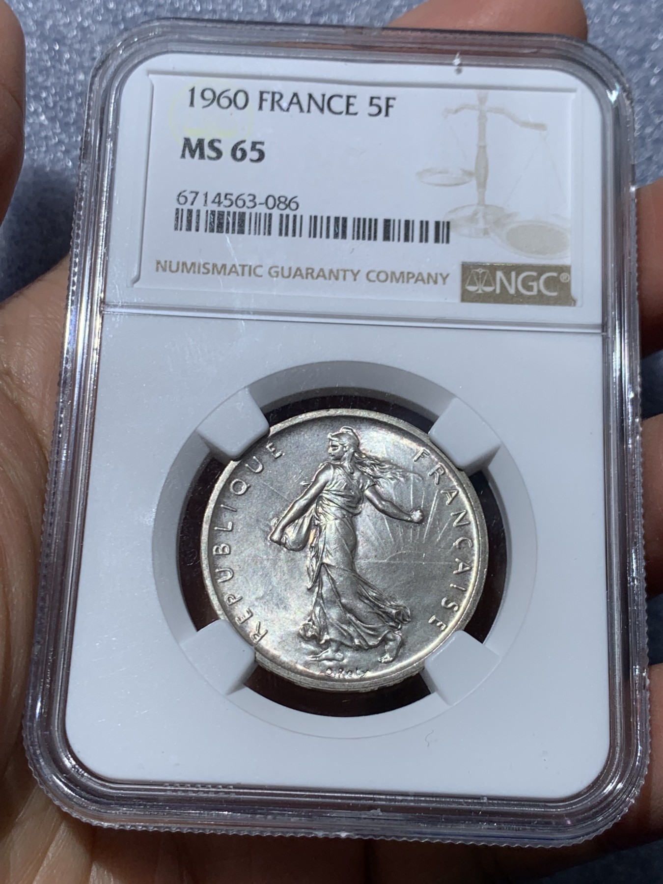 《竞宝斋》第245场-周日，周一 ，周二3场连拍 (全场包邮) NGC MS65 1960年法国播种女神5法郎银币 高浮雕 罗蒂的经典设计在近代法国币上重现的首年