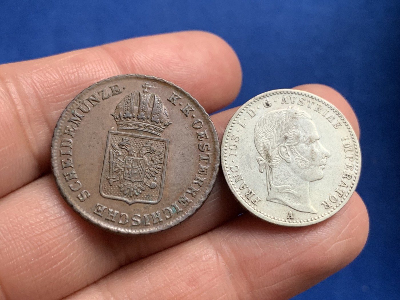 《竞宝斋》第245场-周日，周一 ，周二3场连拍 (全场包邮) 两枚一组 1816年奥地利帝国1克洛兹铜币+1859年奥地利帝国1/4福林银币 少见品种