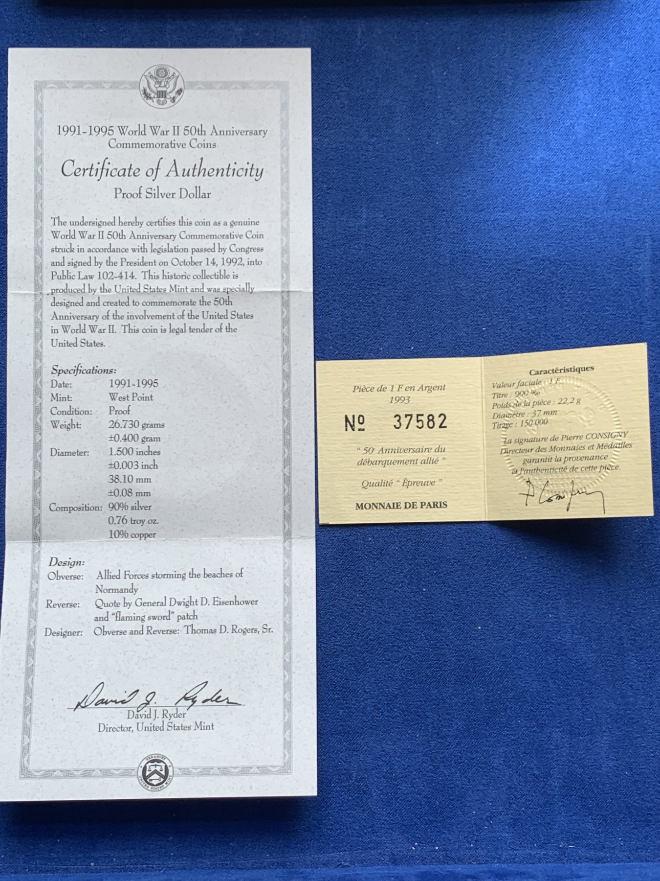 《竞宝斋》第245场-周日，周一 ，周二3场连拍 (全场包邮) 英法美诺曼底登陆D-DAY50周年纪念套币精制银币（3枚）克劳斯获奖1996年最佳银币、最受欢迎、最佳时事（英），最佳历史（法） 礼盒装含证书 900银 62.43克