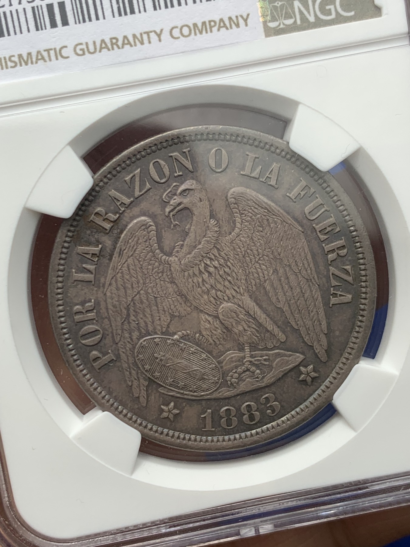 《竞宝斋》第245场-周日，周一 ，周二3场连拍 (全场包邮) NGC-MS62 智利 1883年 安第斯神 1比索 银币 中南美洲逐渐升温品种 酱紫色包浆 味道很好 低评