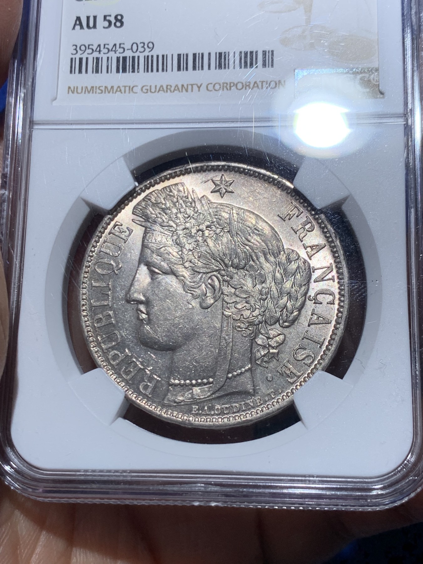 《竞宝斋》第245场-周日，周一 ，周二3场连拍 (全场包邮) NGC AU58 1870年法国谷物女神无箴言版5法郎 铸造量仅64000枚，是法系5法郎里比较难的一个品种了，MS价格起飞，58性价比较高