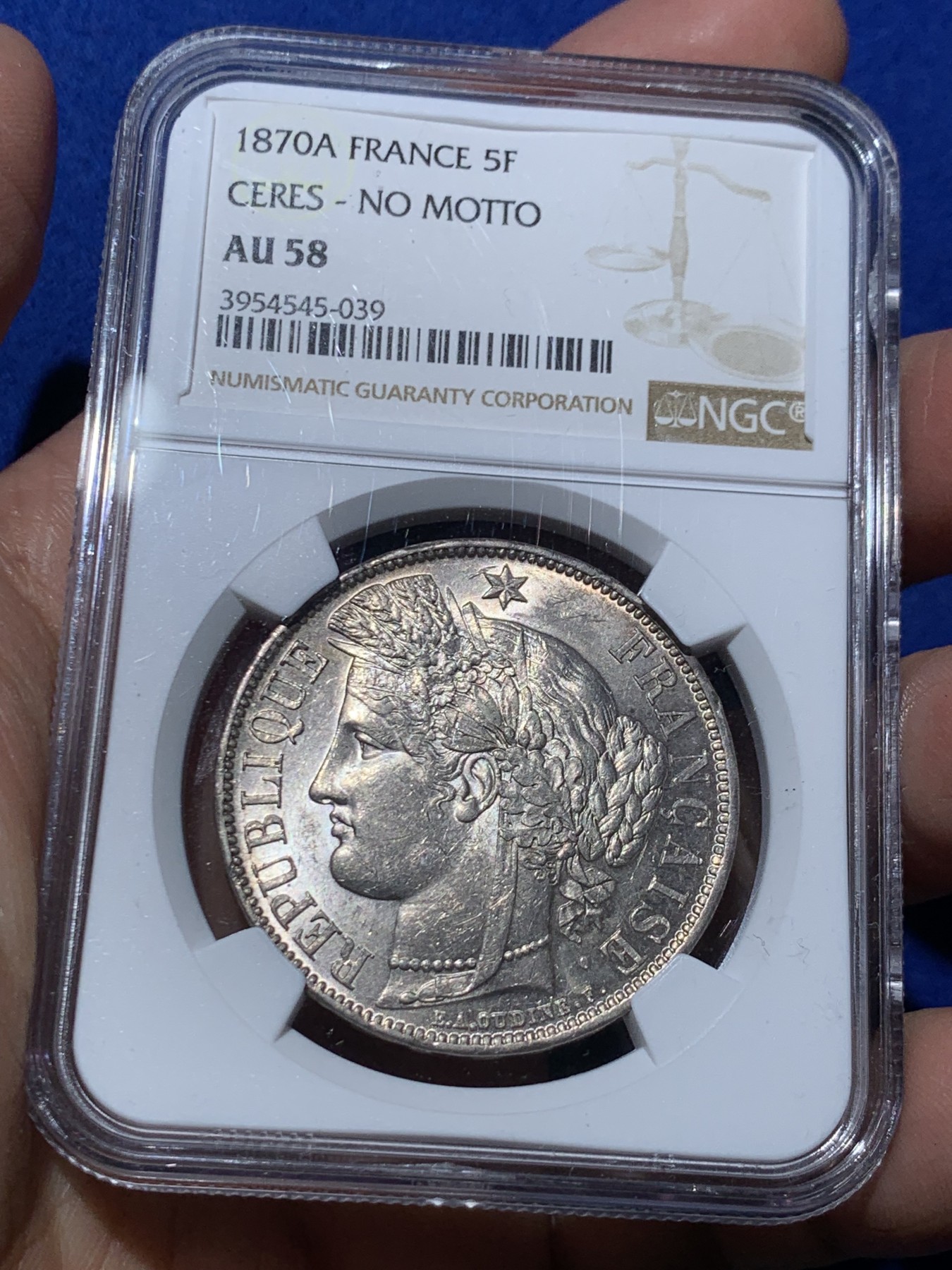 《竞宝斋》第245场-周日，周一 ，周二3场连拍 (全场包邮) NGC AU58 1870年法国谷物女神无箴言版5法郎 铸造量仅64000枚，是法系5法郎里比较难的一个品种了，MS价格起飞，58性价比较高