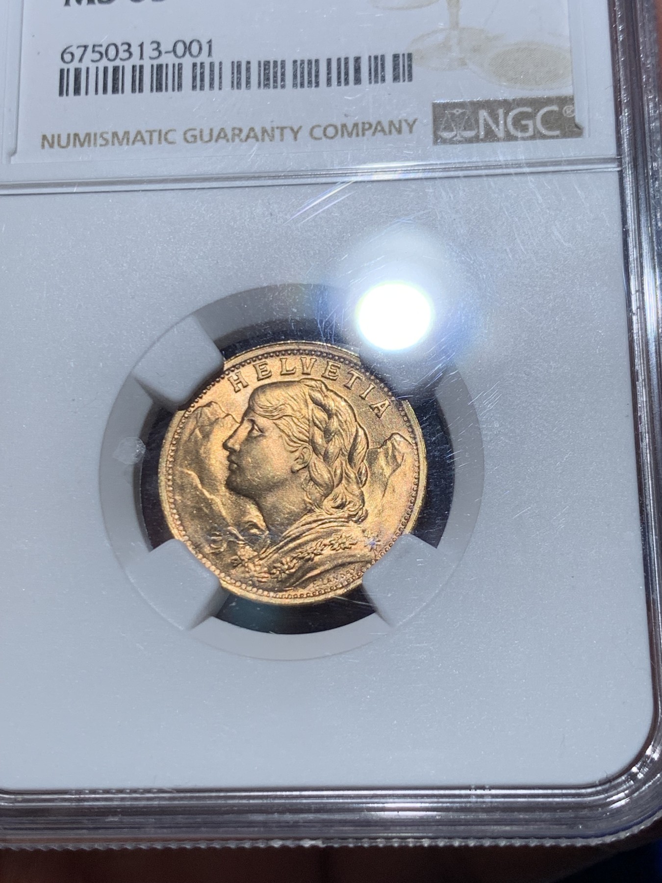 《竞宝斋》第245场-周日，周一 ，周二3场连拍 (全场包邮) NGC-MS65 瑞士1947年女神20法郎金币 6.45克 不大多见的头像 含金量90% 高分好品