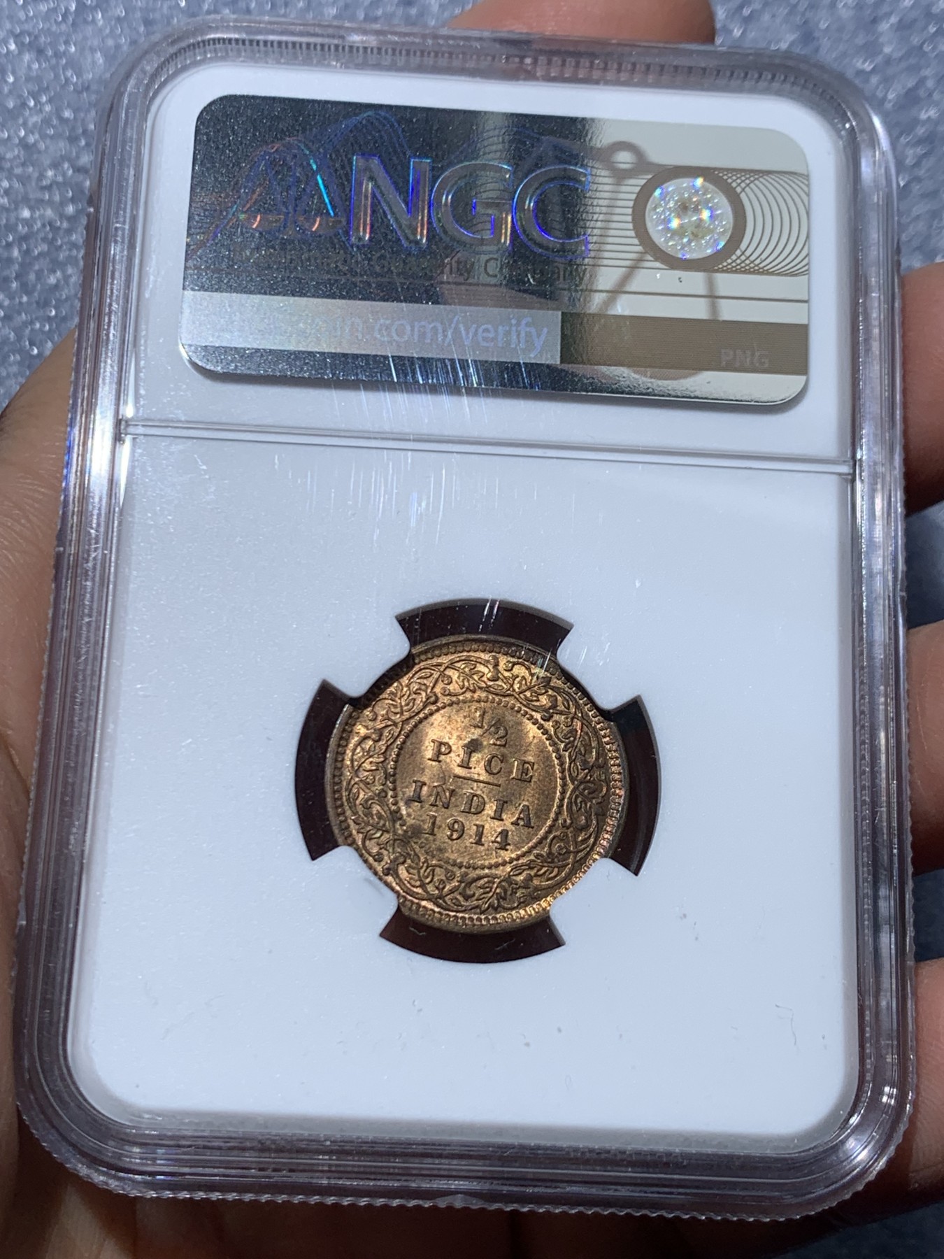 《竞宝斋》第245场-周日，周一 ，周二3场连拍 (全场包邮) NGC-MS63RB 英属印度 1914年（C）乔治五世1/2派沙铜币