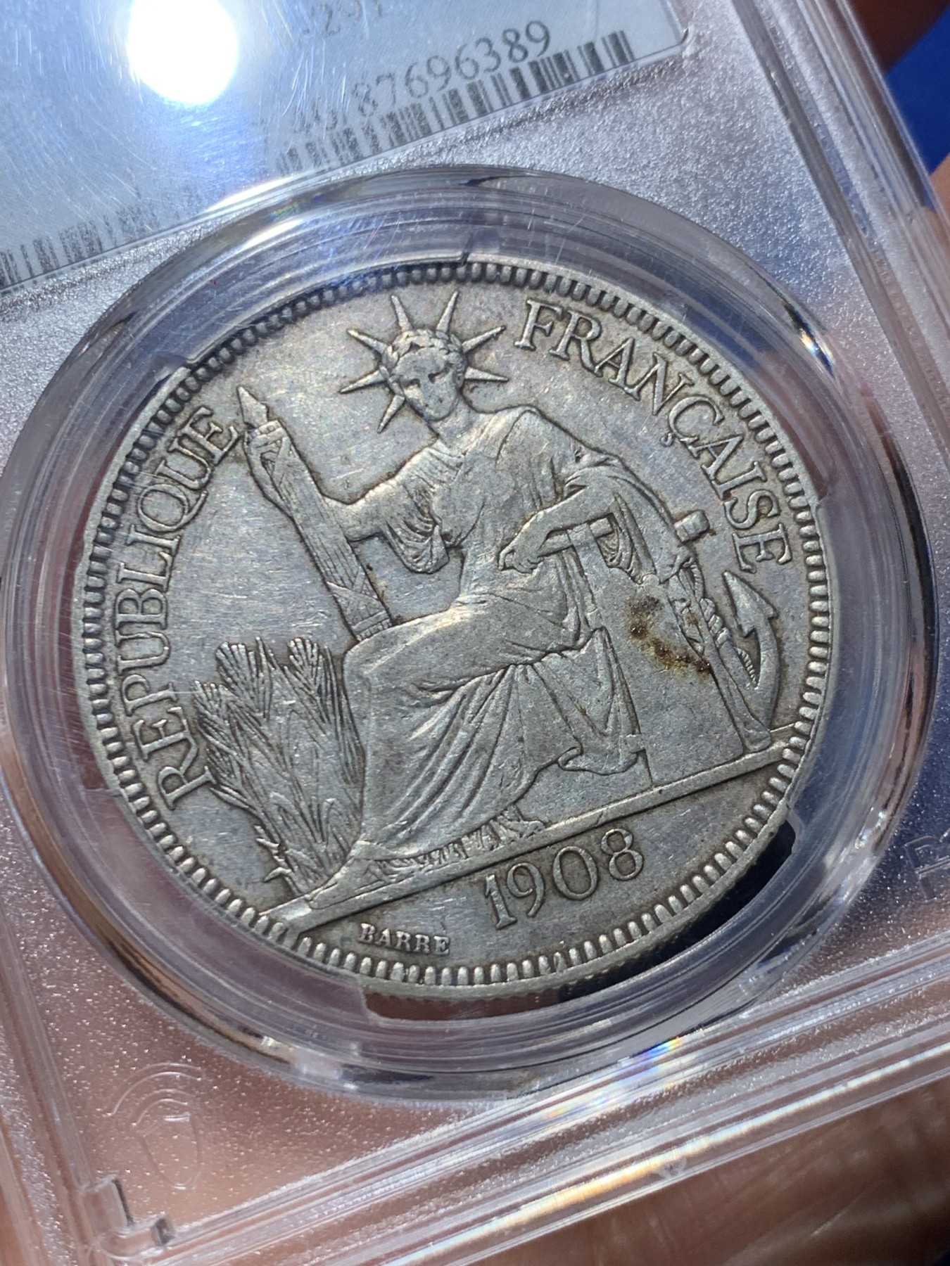 《竞宝斋》第245场-周日，周一 ，周二3场连拍 (全场包邮) PCGS-XF40 坐人坐洋 法国贸易银元皮亚斯特  1908年