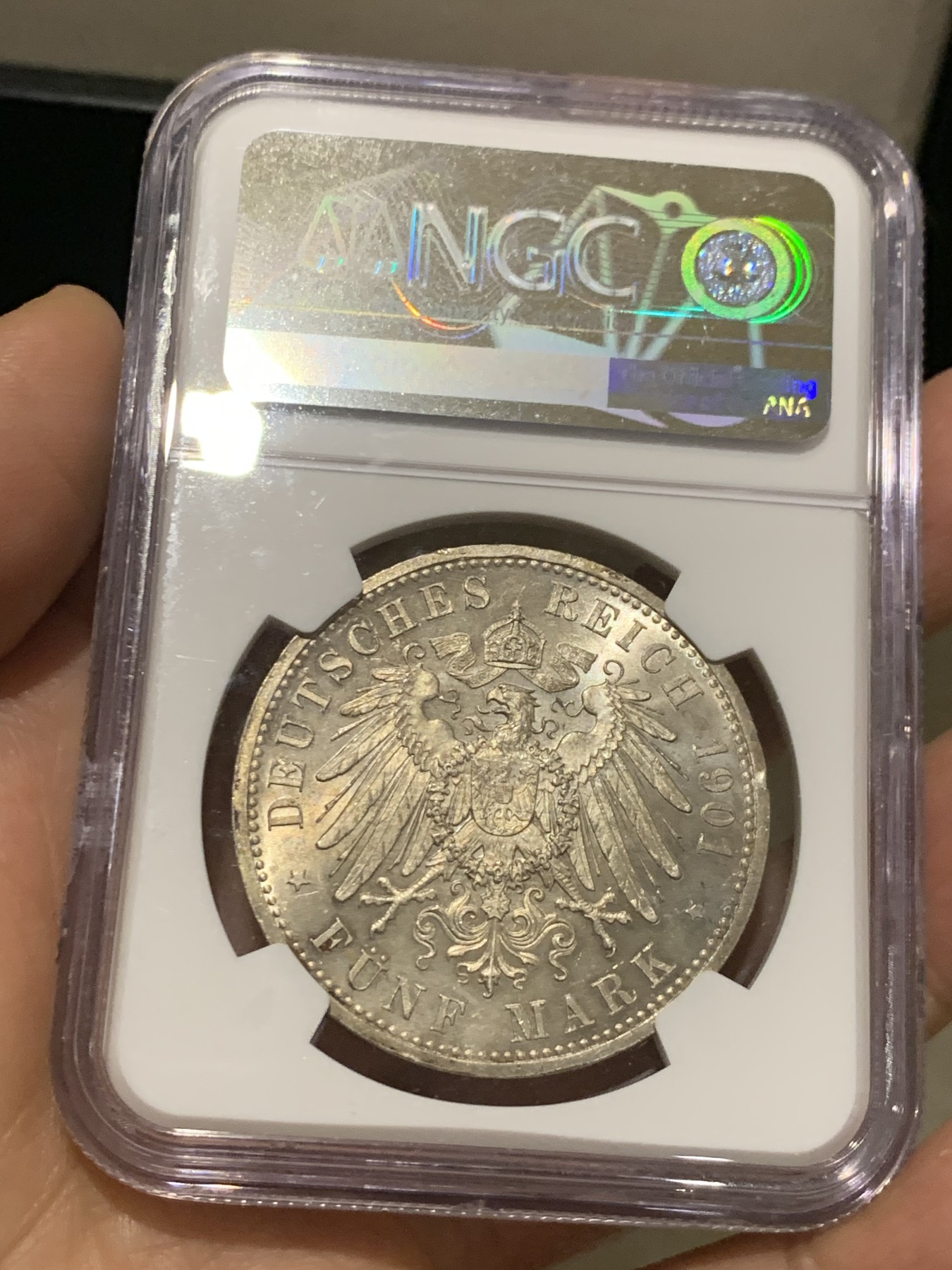 《竞宝斋》第245场-周日，周一 ，周二3场连拍 (全场包邮) NGC-MS62 德国普鲁士 1901年 5马克 建国200周年 银币