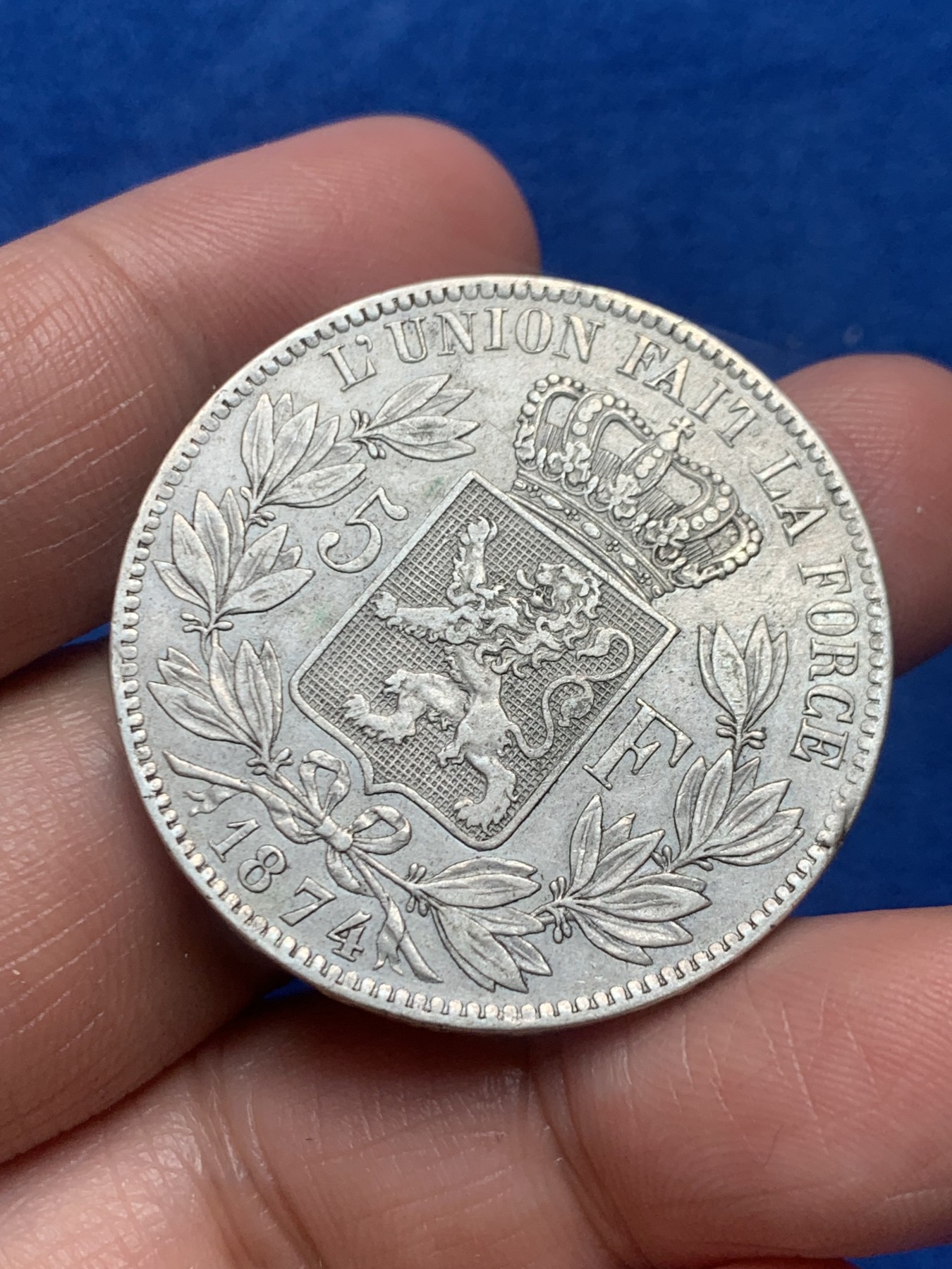 《竞宝斋》第245场-周日，周一 ，周二3场连拍 (全场包邮) 比利时1874年利奥波德5法郎银币