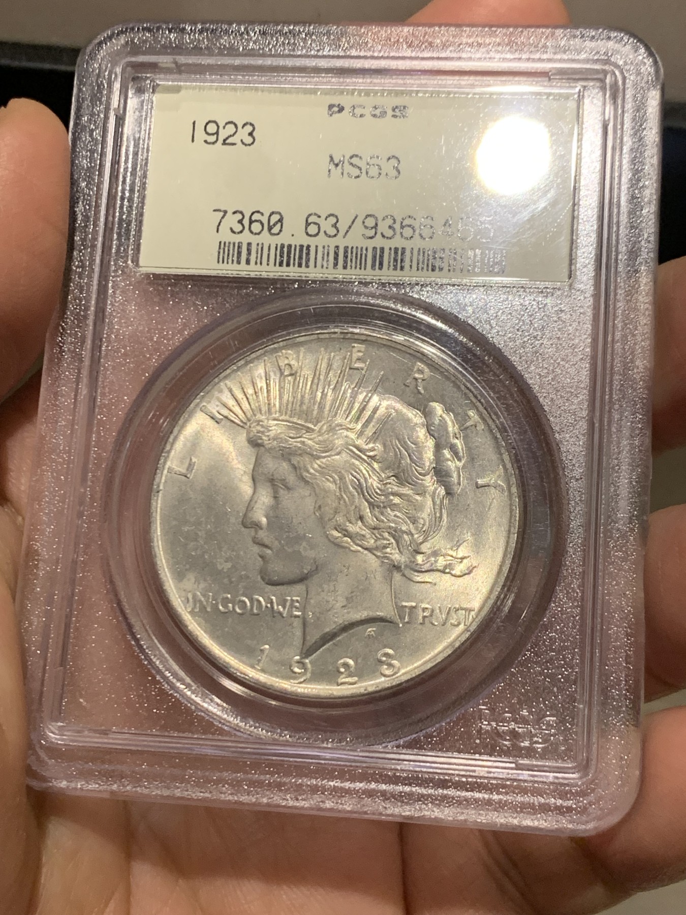 《竞宝斋》第245场-周日，周一 ，周二3场连拍 (全场包邮) PCGS-MS63 美国1923和平1元银币 90-93年老绿盒  严评 30多年的老盒本身也是收藏品