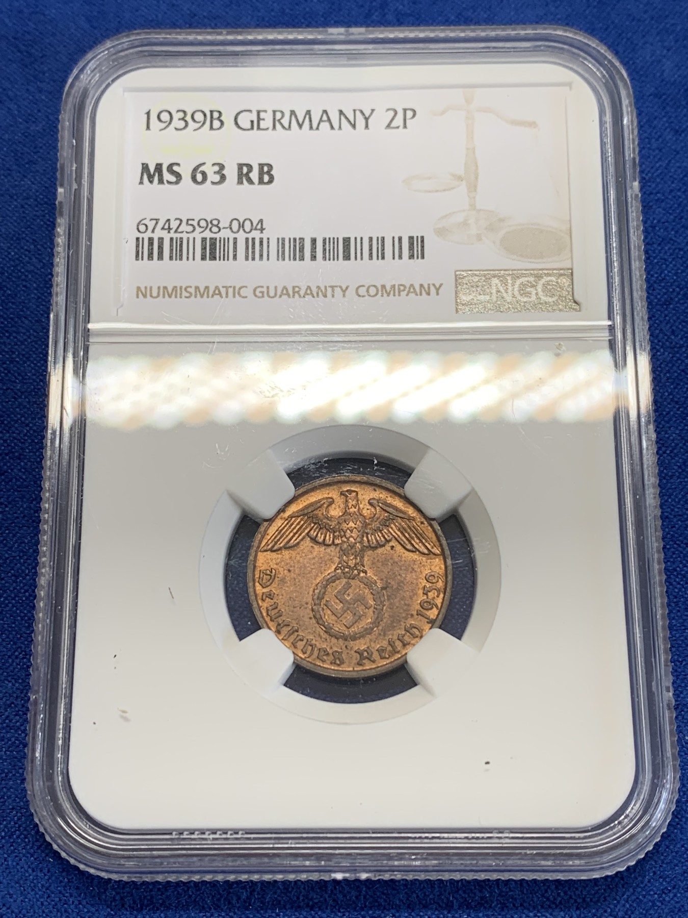 《竞宝斋》第245场-周日，周一 ，周二3场连拍 (全场包邮) NGC MS63RB 1939B德国2芬尼 状态不错