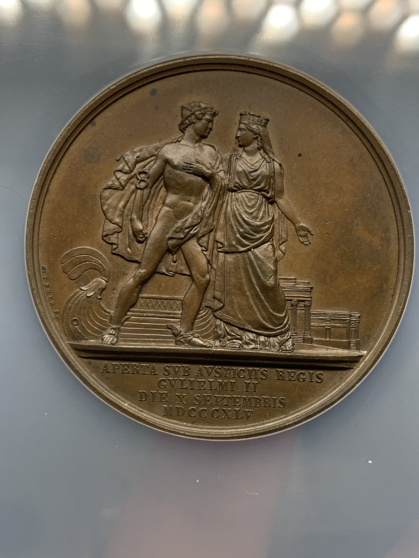 《竞宝斋》第245场-周日，周一 ，周二3场连拍 (全场包邮) NGC MS63BN 荷兰1845阿姆斯特丹证券交易所铜章 大盒封装 细节丰富 非常漂亮