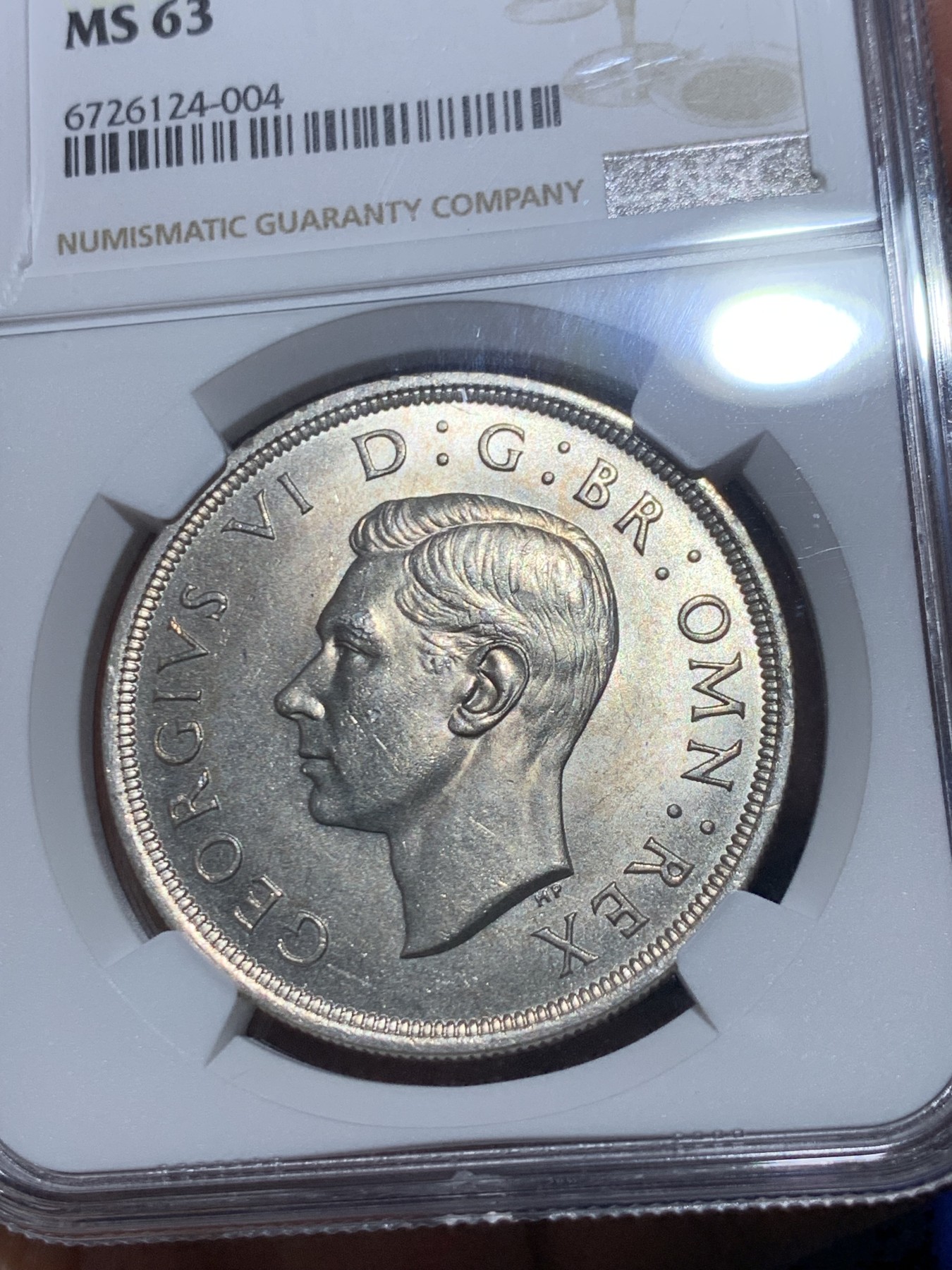 《竞宝斋》第245场-周日，周一 ，周二3场连拍 (全场包邮) NGC-MS63 英国1937年乔治六世登基1克朗纪念银币，车轮转光。