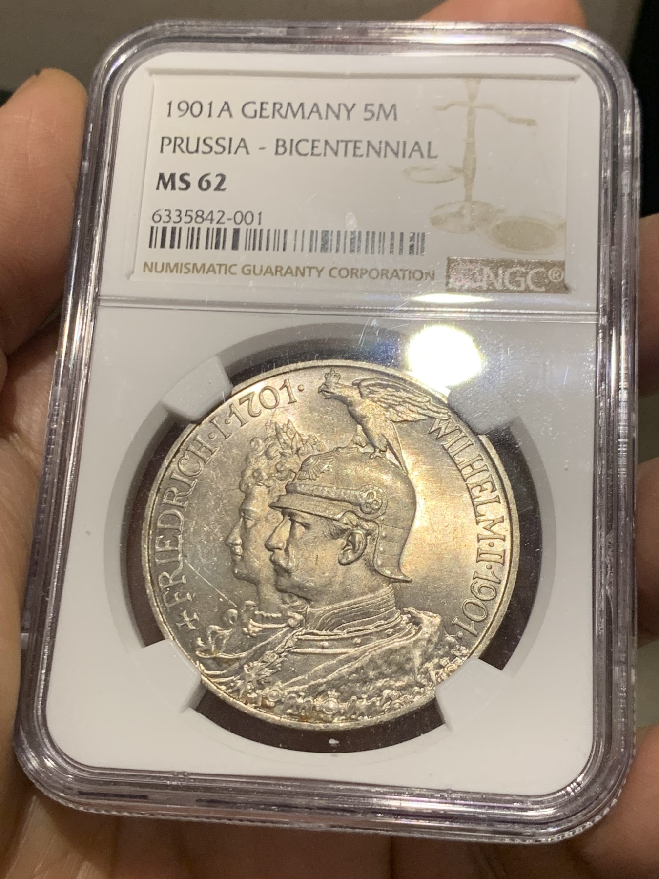 《竞宝斋》第245场-周日，周一 ，周二3场连拍 (全场包邮) NGC-MS62 德国普鲁士 1901年 5马克 建国200周年 银币
