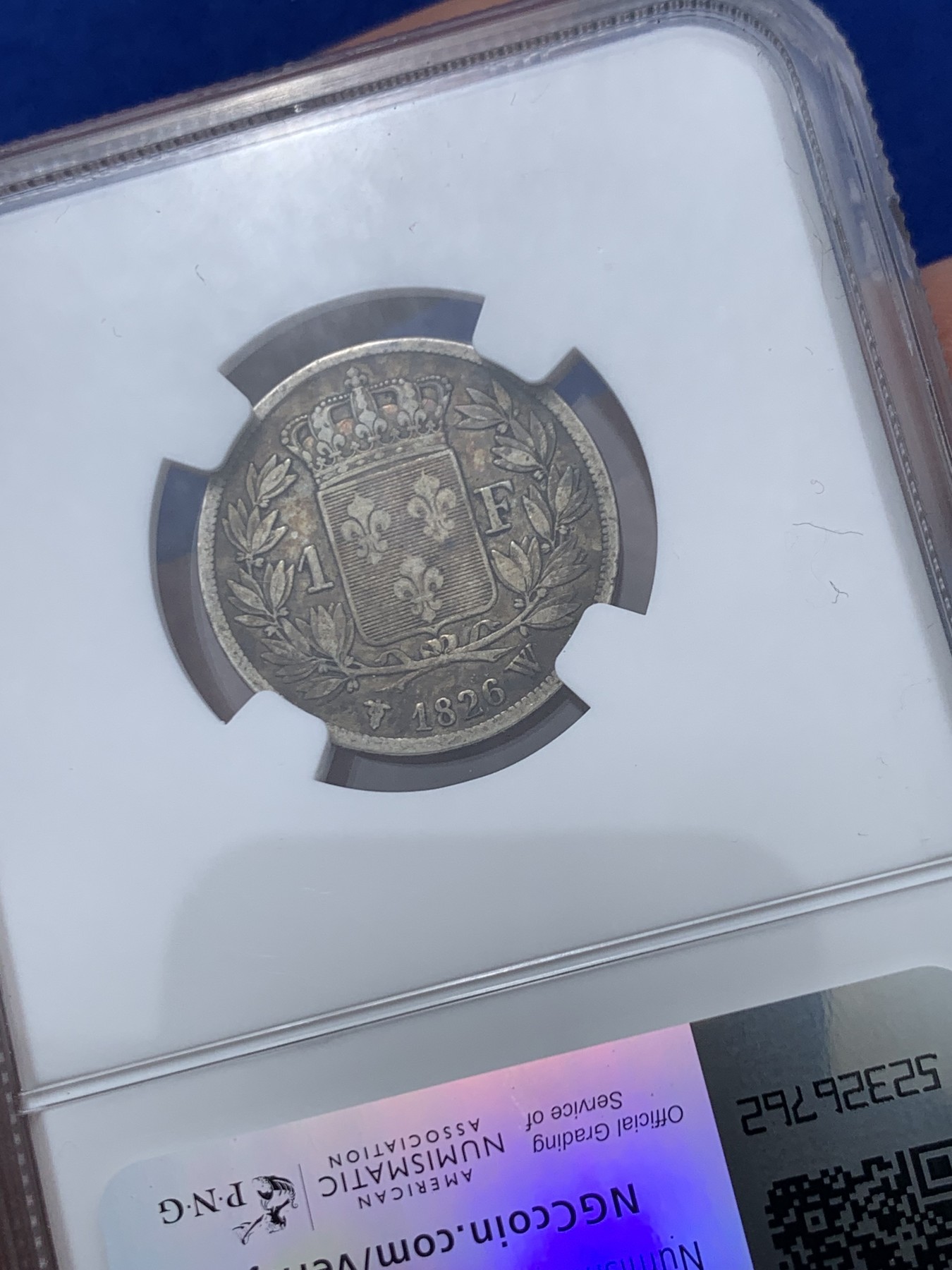 《竞宝斋》第245场-周日，周一 ，周二3场连拍 (全场包邮) NGC VF30 法国1826年查理十世1法郎银币 五彩老味道 查理十世的小法郎少见 好品很贵的