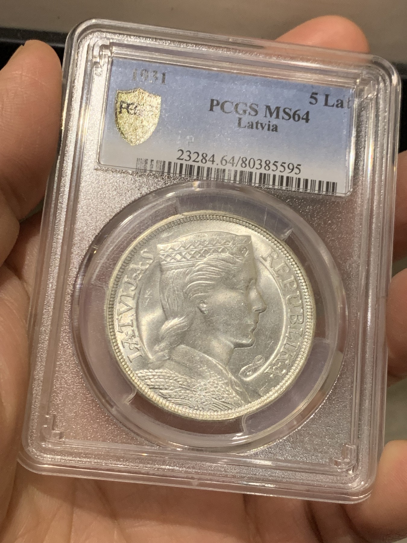 《竞宝斋》第245场-周日，周一 ，周二3场连拍 (全场包邮) PCGS MS64 拉脱维亚 1931年 谷物女神 5拉特大银币 上64分的极少 车轮光