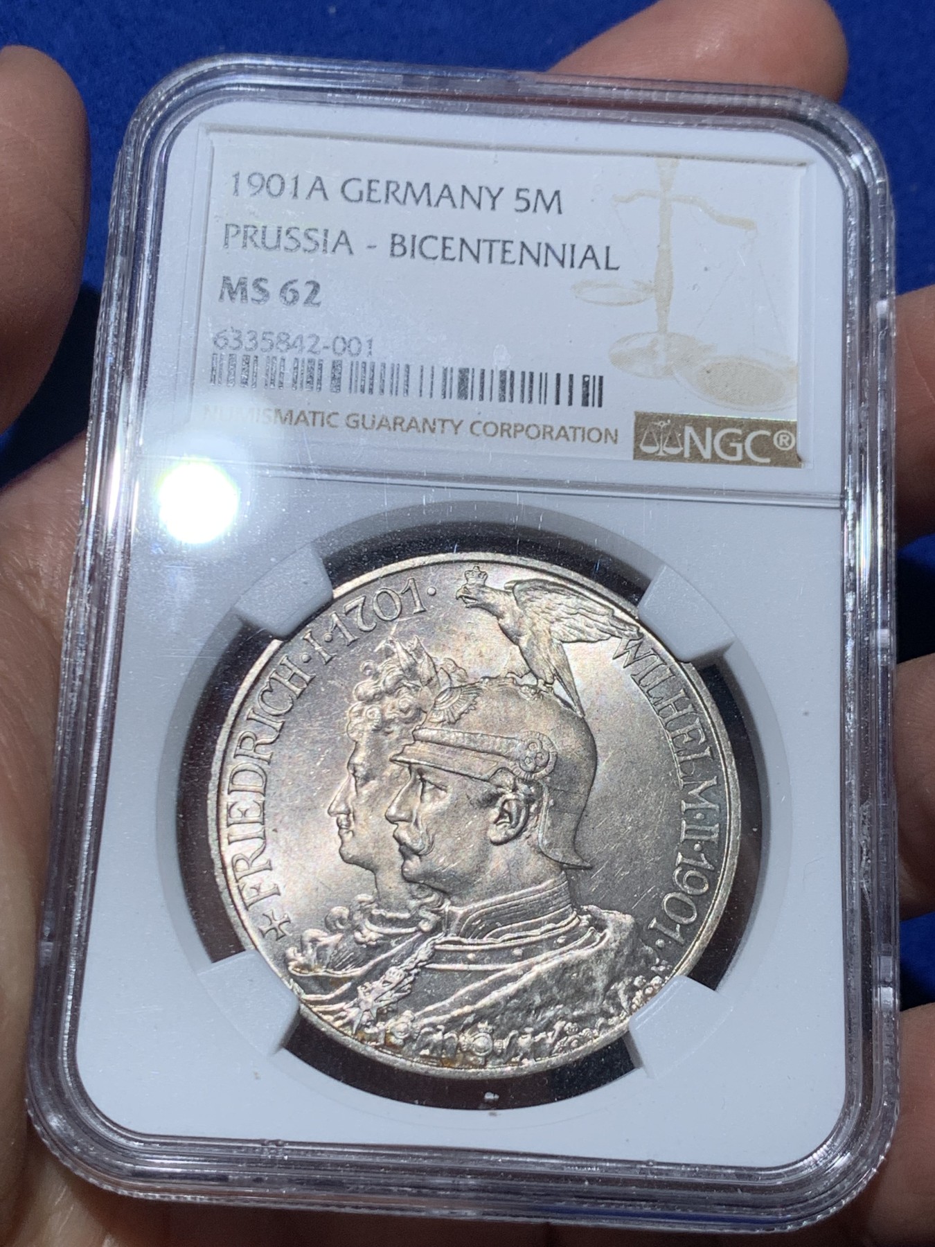 《竞宝斋》第245场-周日，周一 ，周二3场连拍 (全场包邮) NGC-MS62 德国普鲁士 1901年 5马克 建国200周年 银币