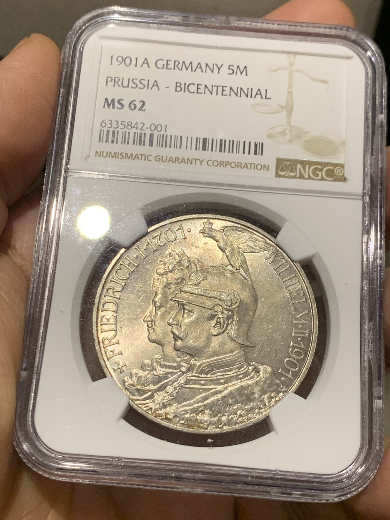 《竞宝斋》第245场-周日，周一 ，周二3场连拍 (全场包邮) NGC-MS62 德国普鲁士 1901年 5马克 建国200周年 银币