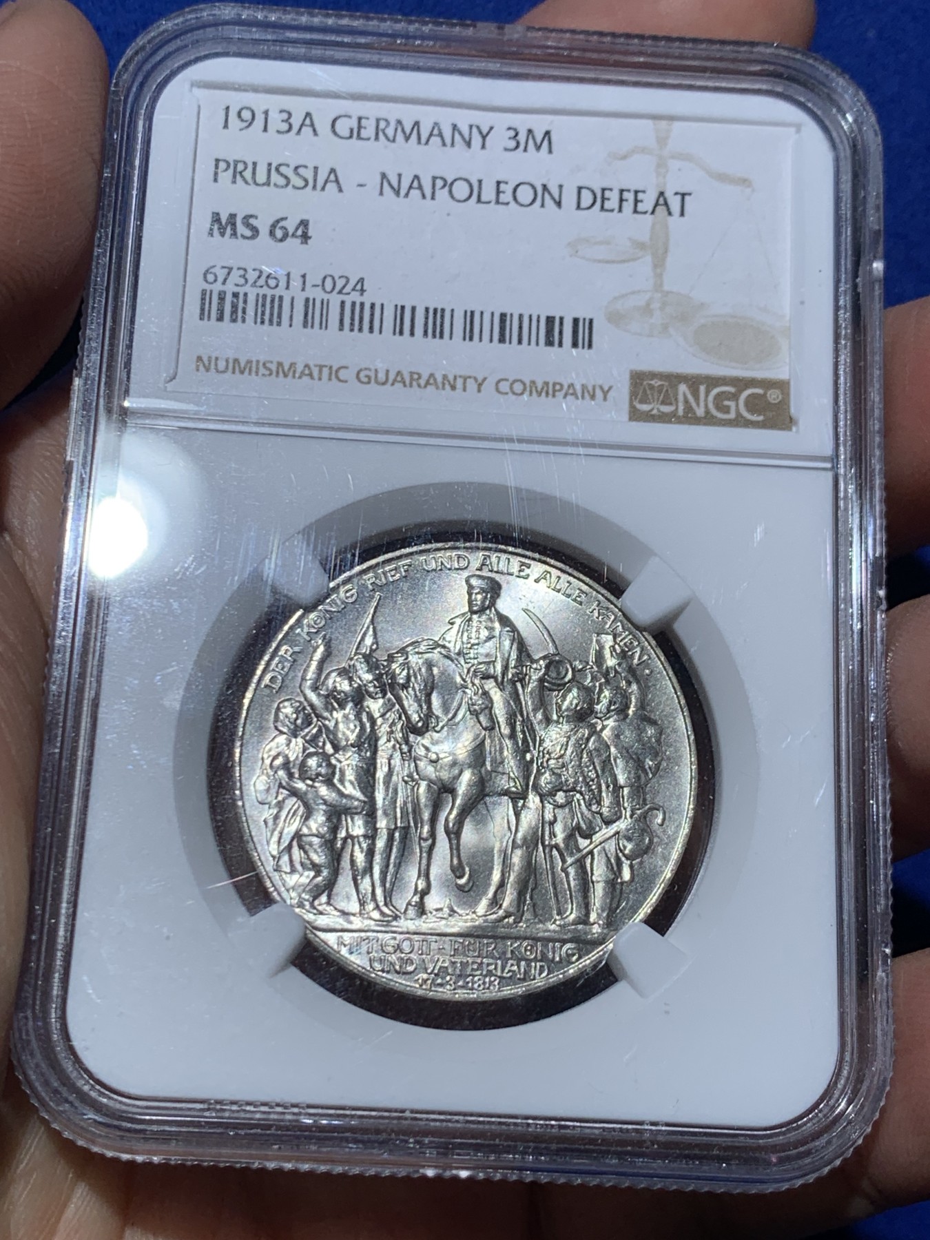 《竞宝斋》第245场-周日，周一 ，周二3场连拍 (全场包邮) NGC-MS64 德国普鲁士 1913年 3马克 普鲁士战胜拿破仑纪念 银币